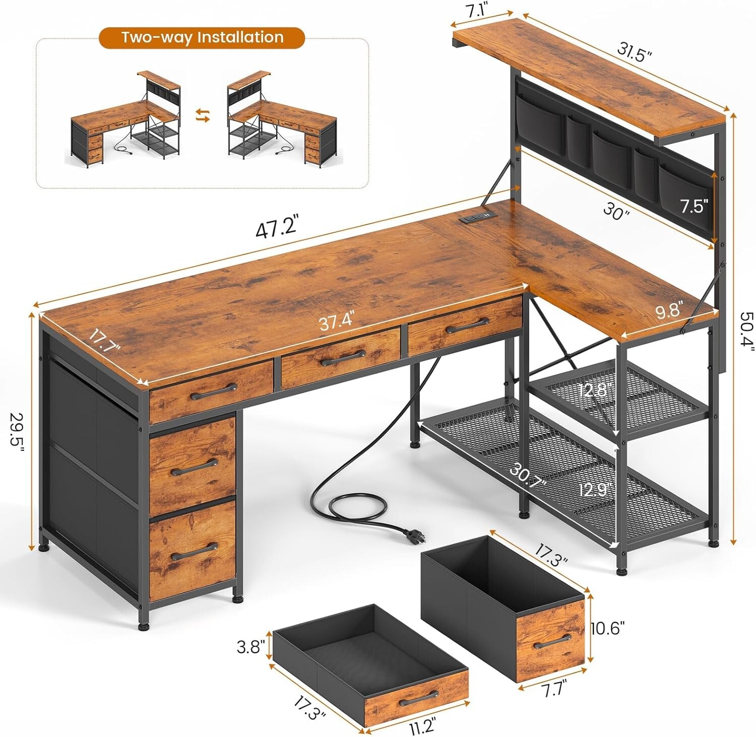 L Shaped Office Desk, Reversible Computer Desk with 5 Drawers & Storage Shelves