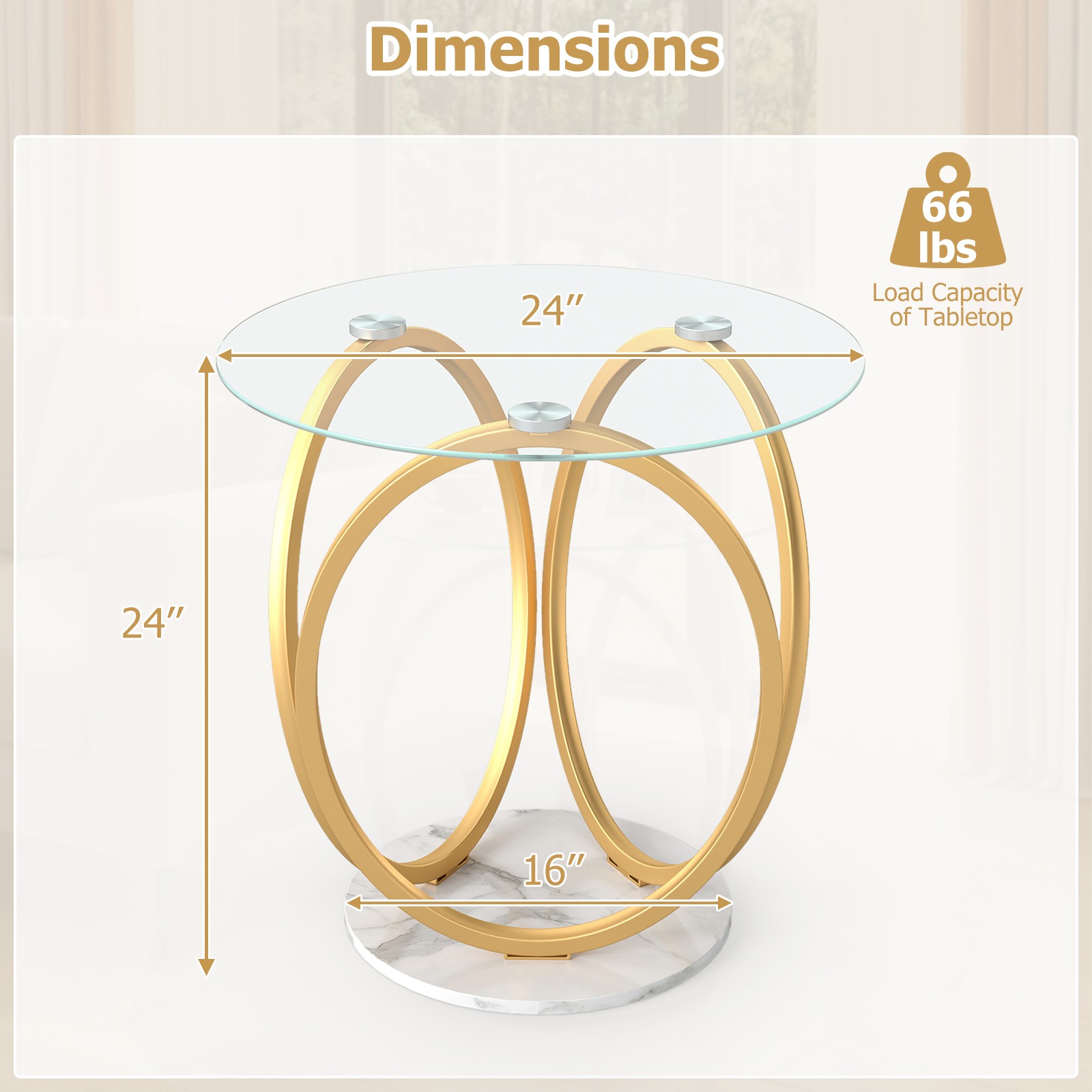 Round End Table Faux Marble Side Table w/Tempered Glass Tabletop & Metal Frame