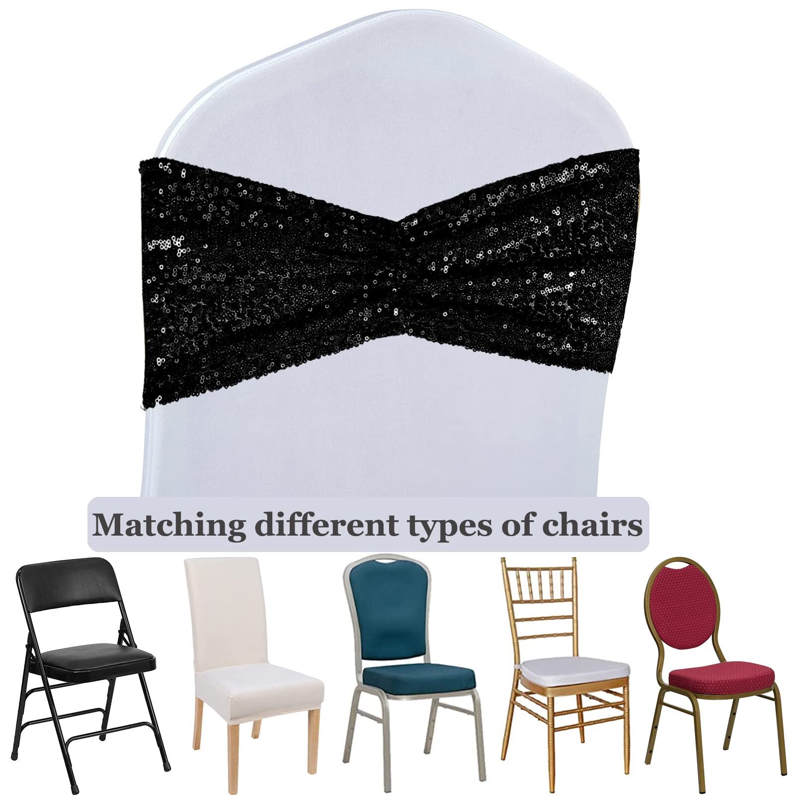 20 Pack Black Sequin Chair Sashes Glitter Bows Wedding Banquet Party Decor