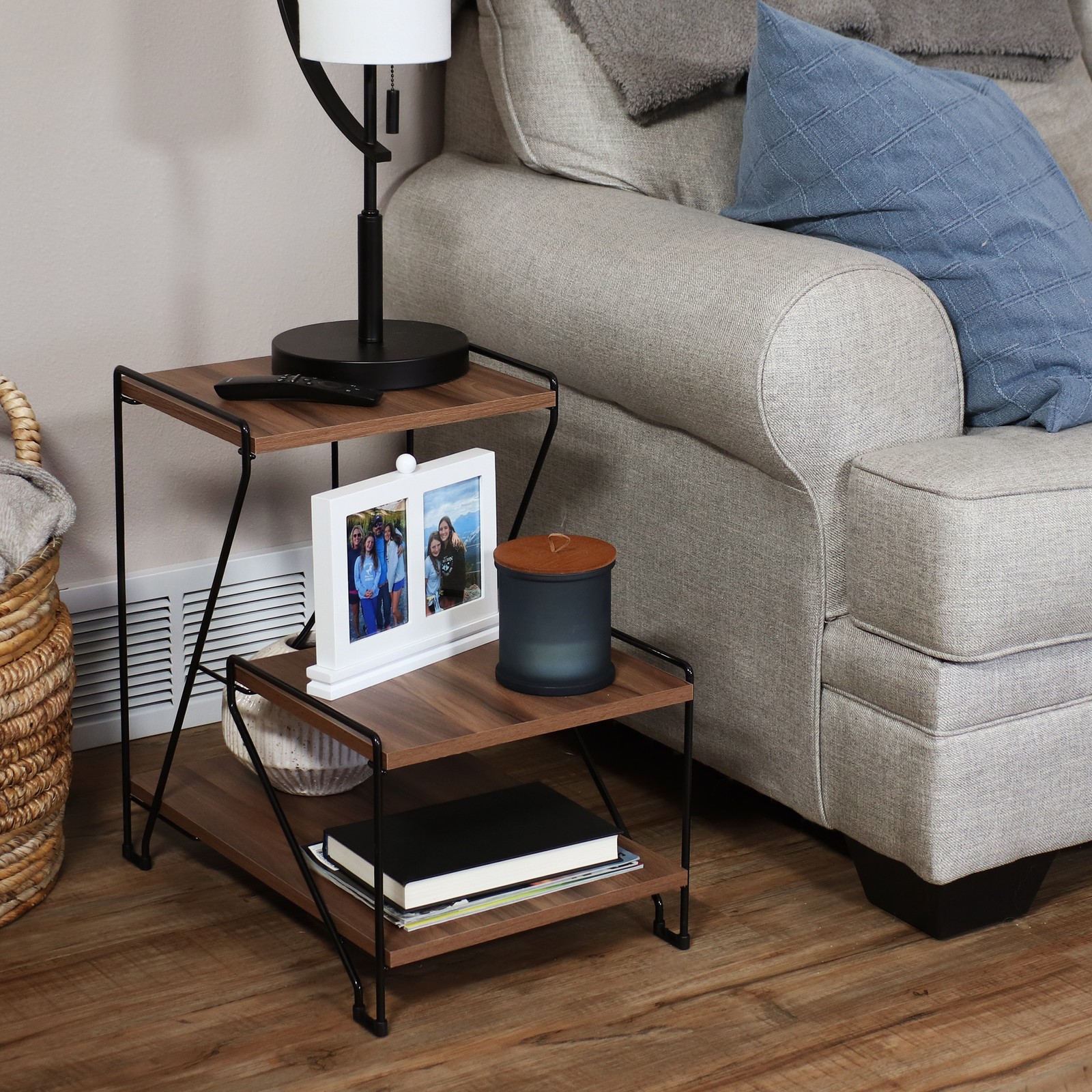 Indoor 3-Tiered Wire Accent Table with Faux Woodgrain Tabletops by Sunnydaze