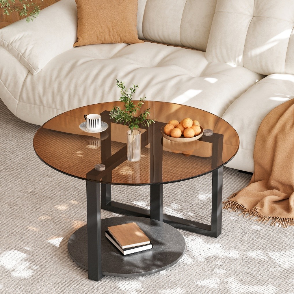 Mid Century Round Coffee Table Amber-Tinted Glass Accent Center Table w/ Storage