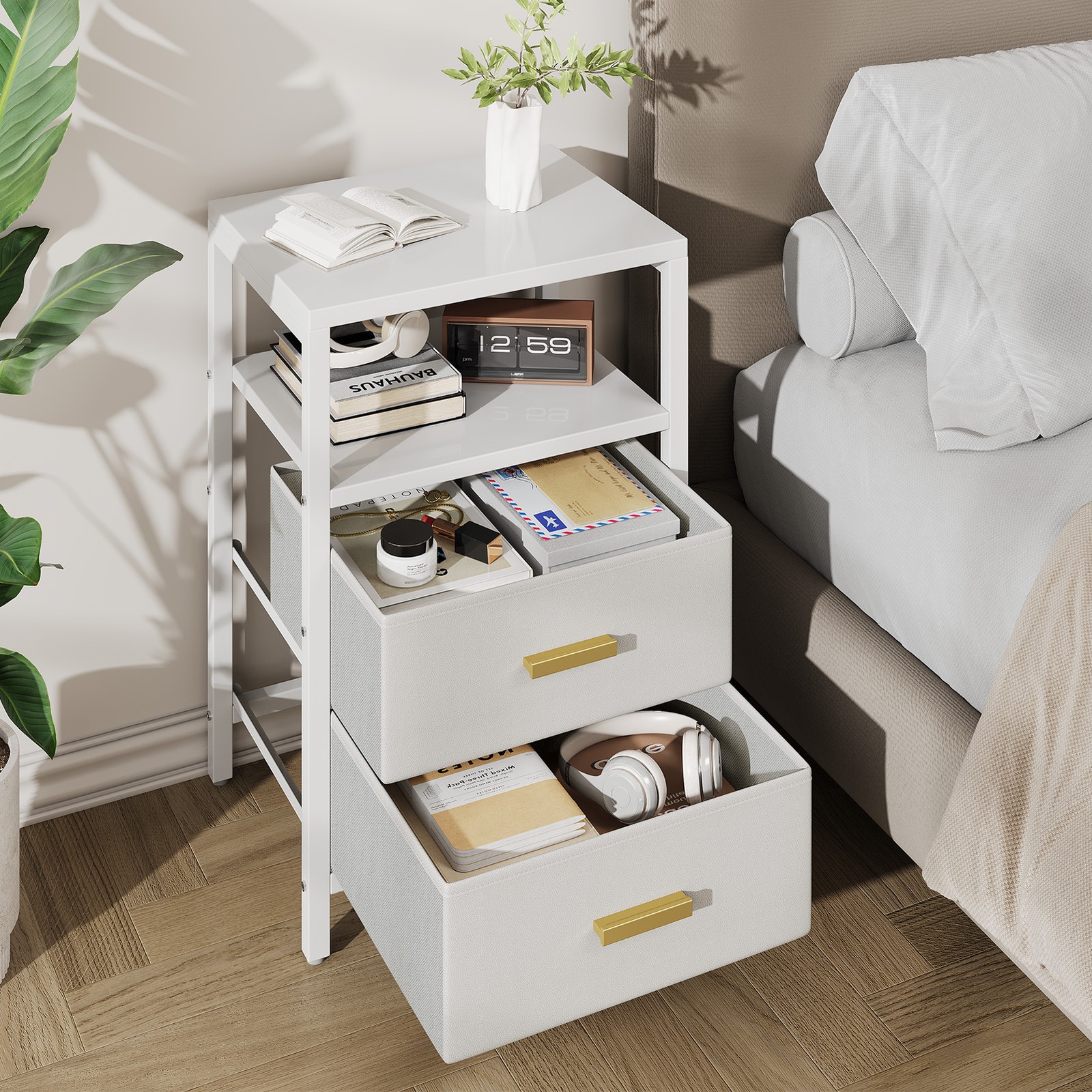 Nightstand Space Saving Bedside Table Anti-Tip Design Drawer Organizer
