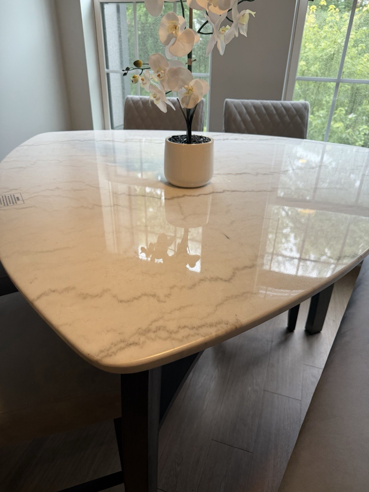 6-Piece Oval Dining Set Marbled Top, Upholstered Chairs & Bench, Gray/White