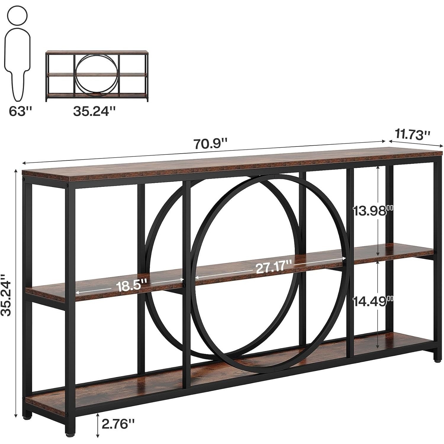 70.9″ Console Table, Narrow Sofa Table with 3 Tier Storage Shelves