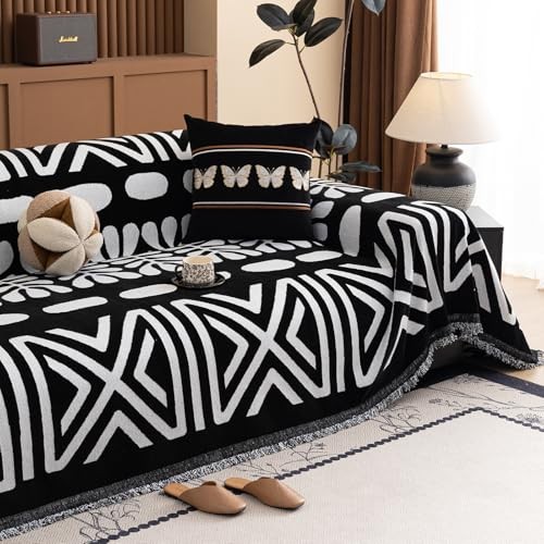 Boho Couch Cover Blanket Geometric X-Large:71″x 134″ Stripe: Black and White