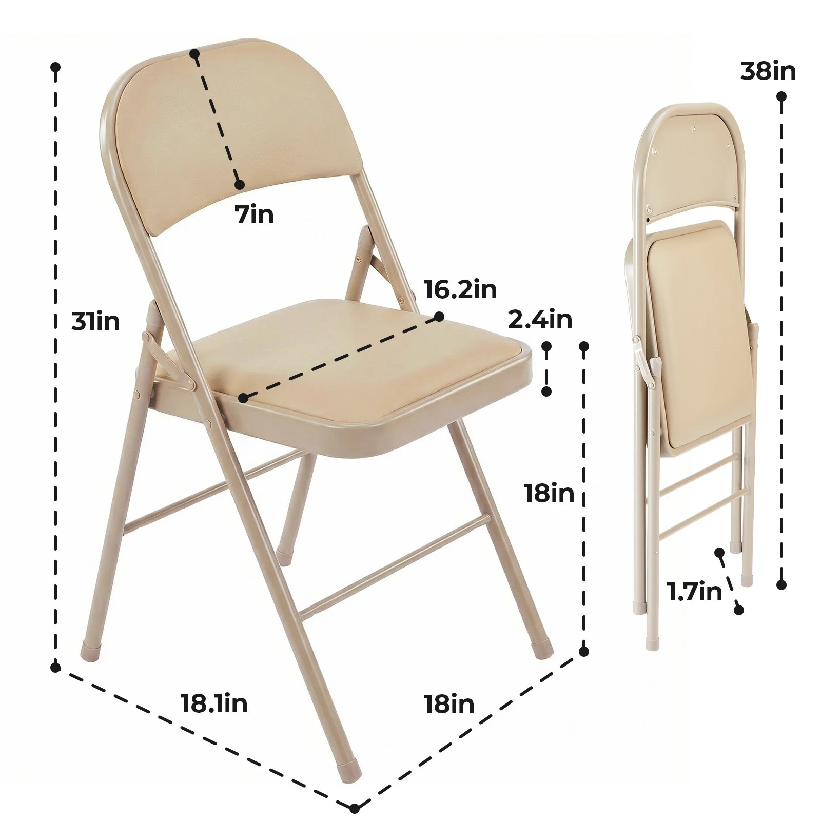 Folding Chairs 2-Pack/4-Pack, Padded PU Leather Seat, Heavy Duty,Black/Khaki