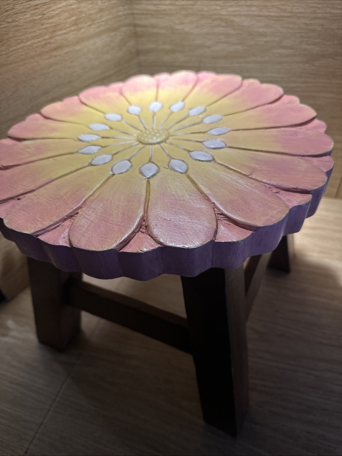 Thailand Pink Flower small Vanity Step stool Footstool Wood Wooden Garden Carved