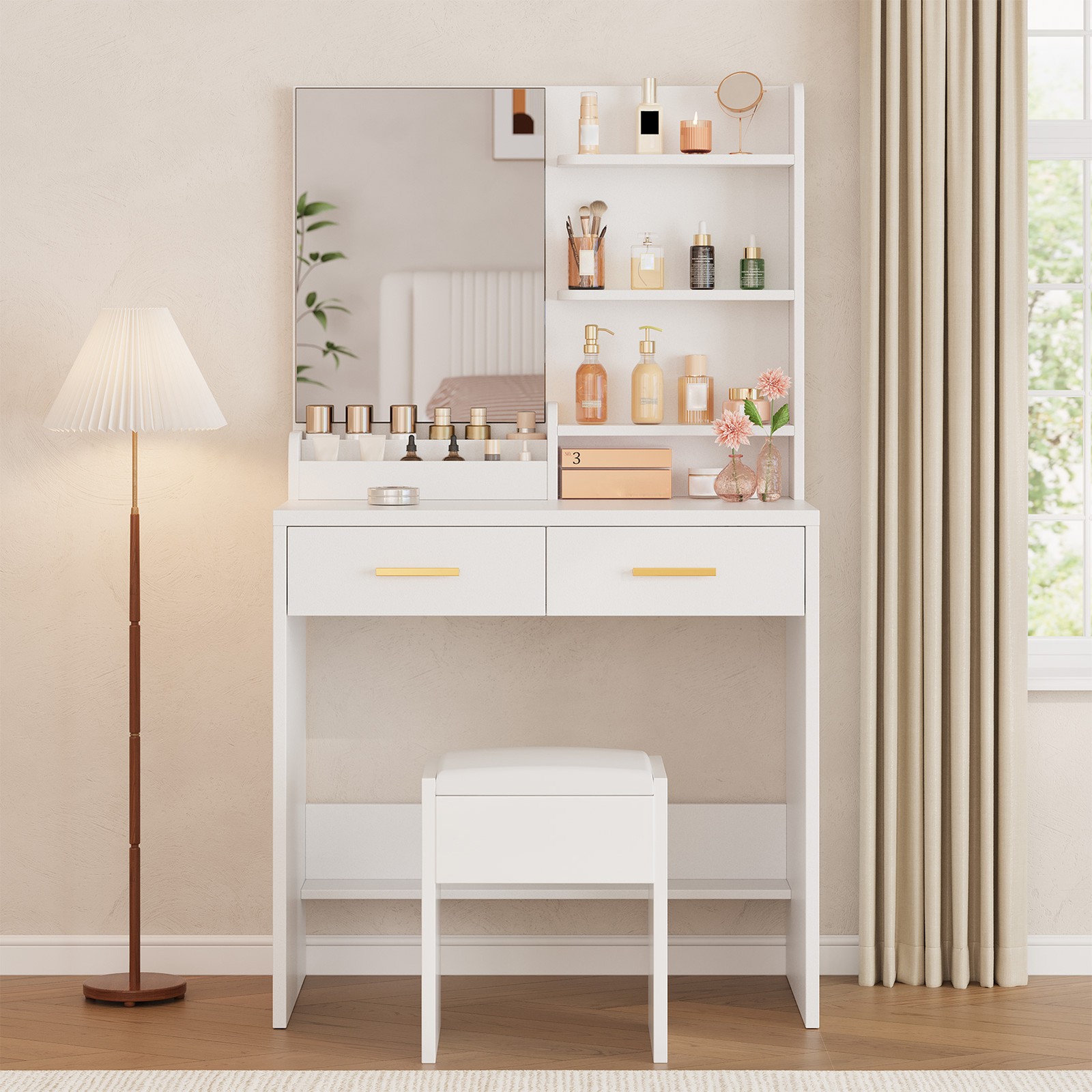 Bedroom White Vanity Table LED Mirror Makeup Desk with 2 Drawers 3 Open Shelves