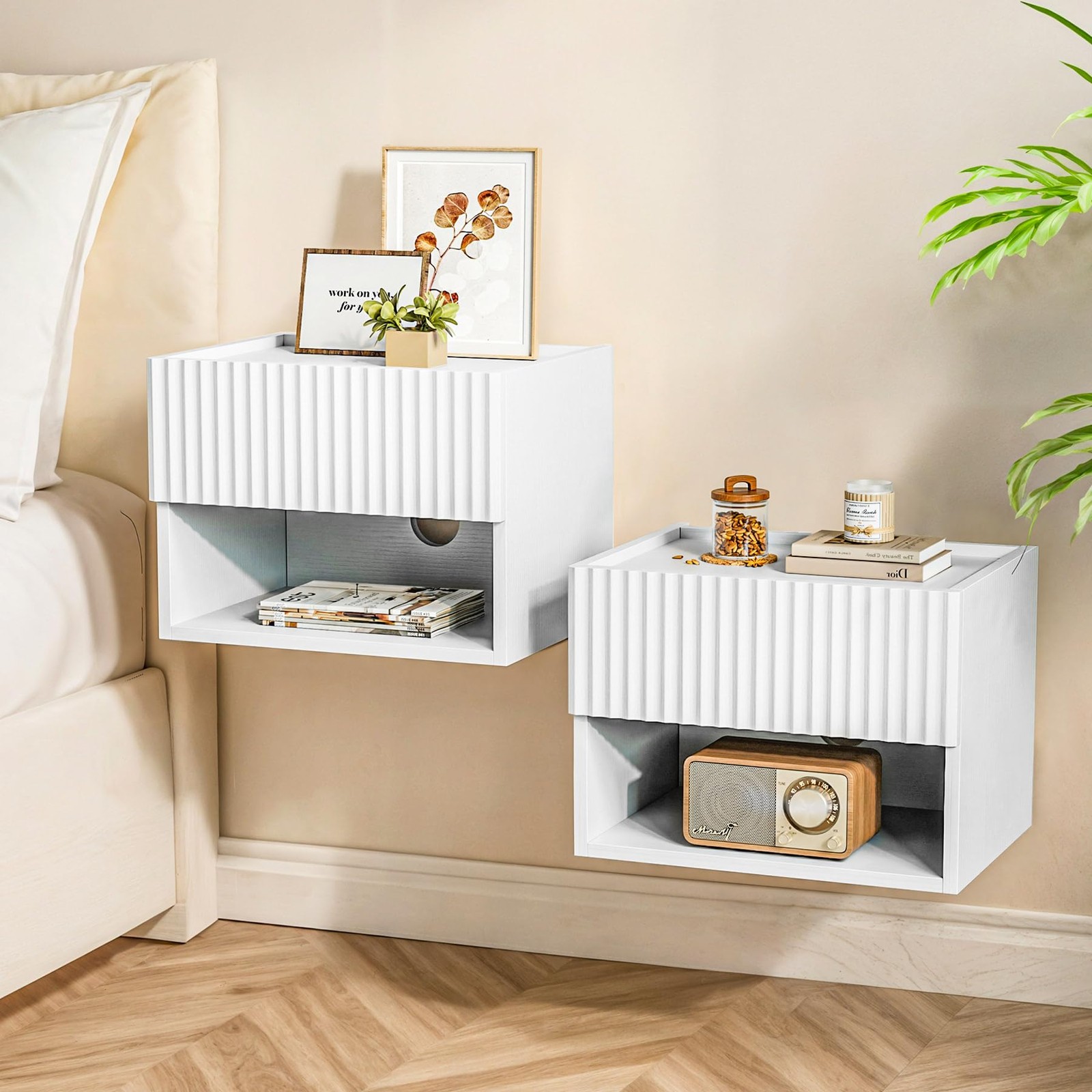 Floating Nightstand Bedroom Bedside Table – Wood Night Set of 2 Pure White