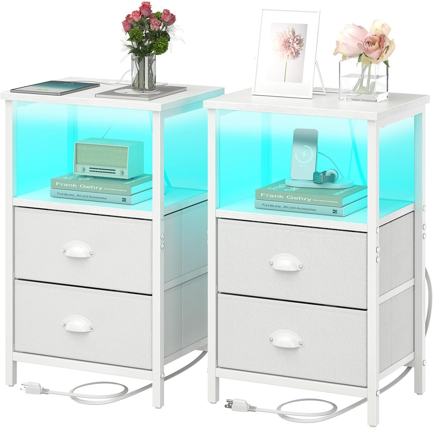 Nightstand with Charging Station, LED Night Stand Set 2, Bedside Table End Table