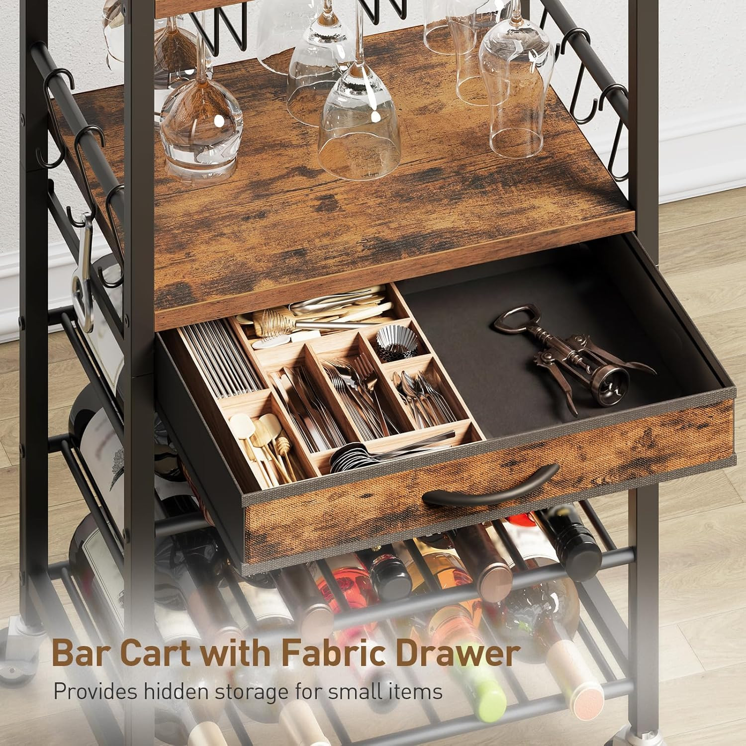 3-Tier Bar Cart with Drawer, Home Bar Serving Cart with Glass Holder and Handle,