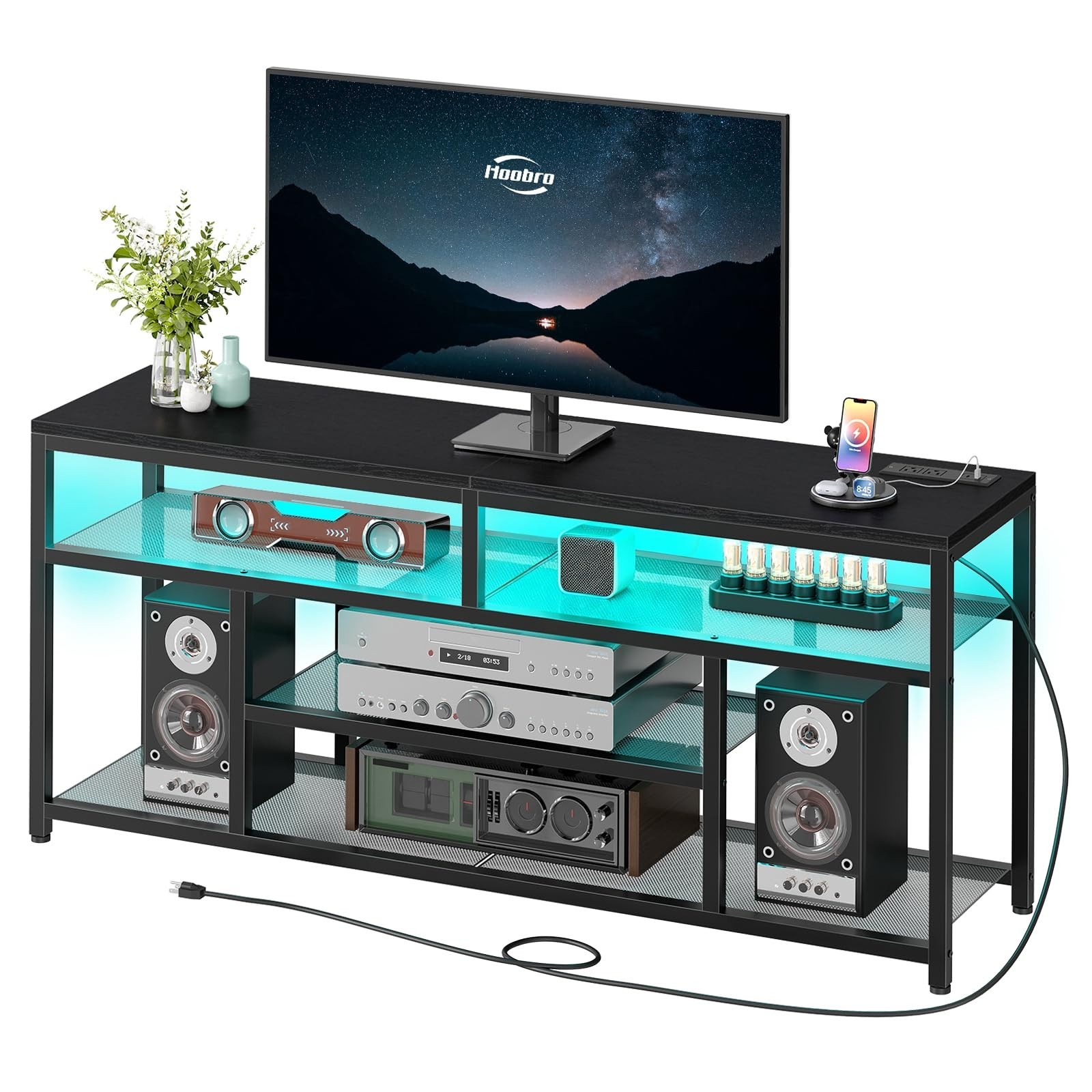 Modern LED TV Stand with Charging Station, 4-Tier Media Console for TVs up to 65