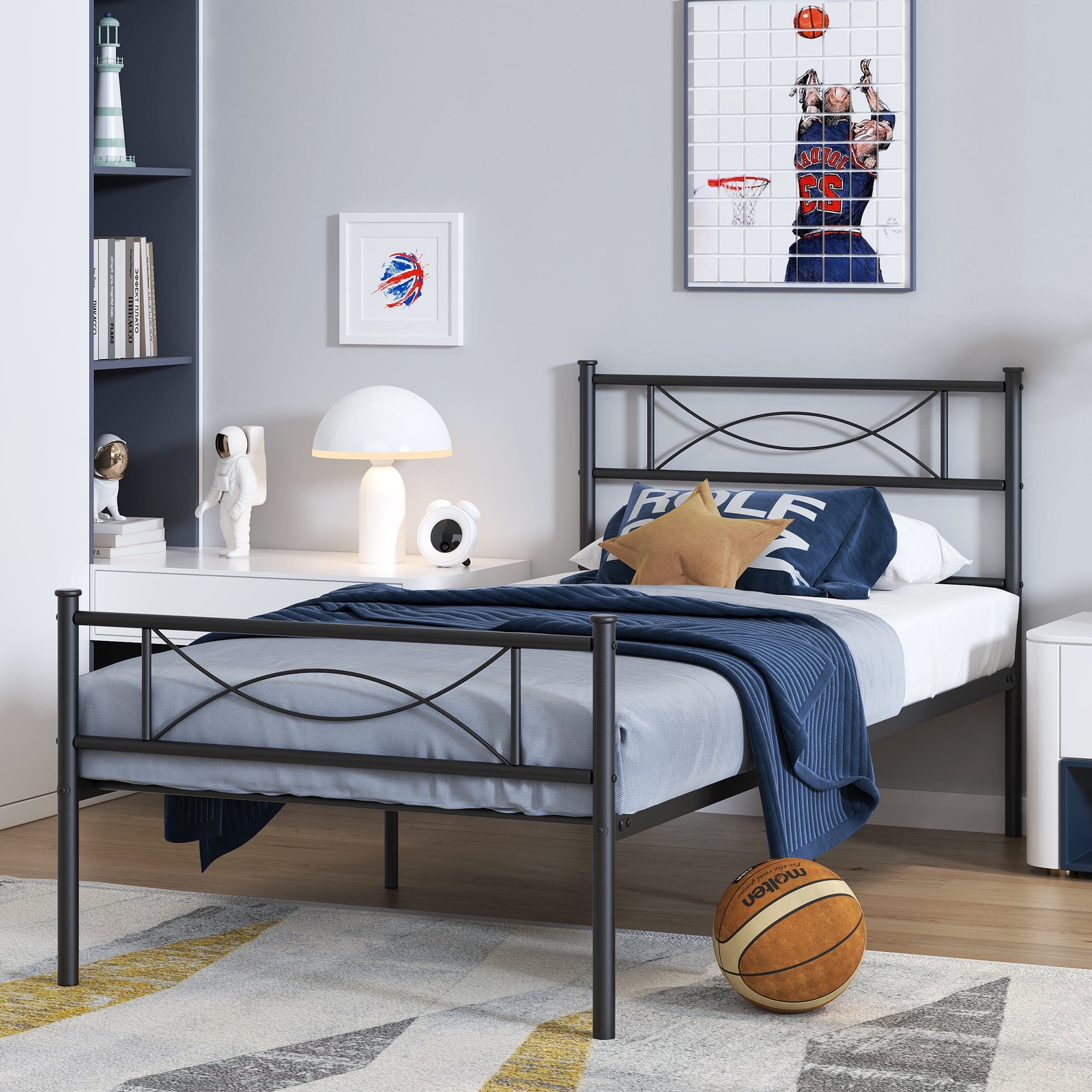 Kids Twin Size Metal Platform Bed Bowknot Headboards Mattress Not Included Black