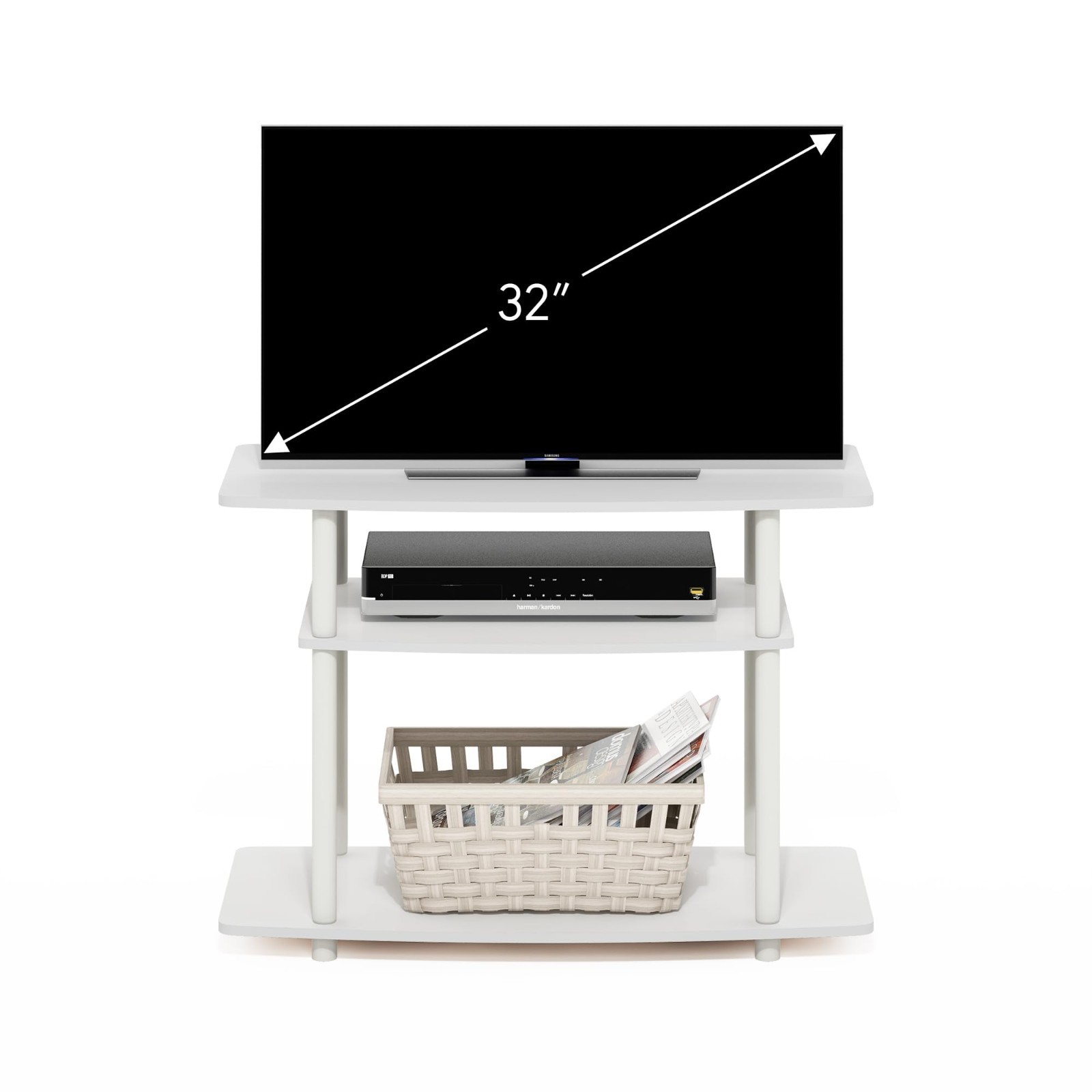 3-Tier No Tools TV Stand Entertainment Center for TVs up to 32″ – White Console