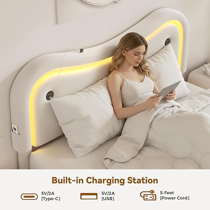 Marco De Cama Queen Size Plataforma Tapizada en Terciopelo Cama Cabecera Beige