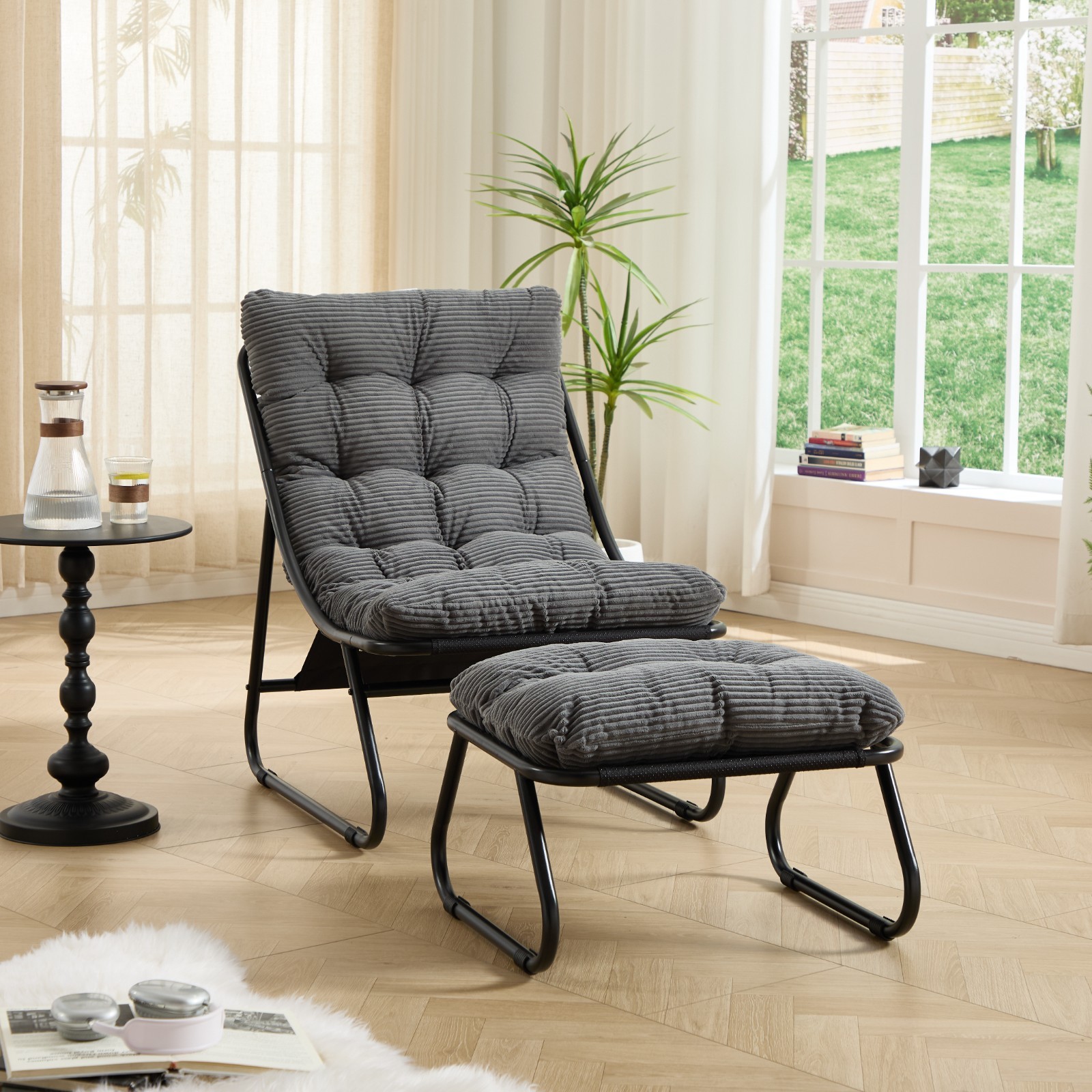 Outdoor Sling Recliner Chair with Ottoman & Puffy Cushion for Patio & Indoor