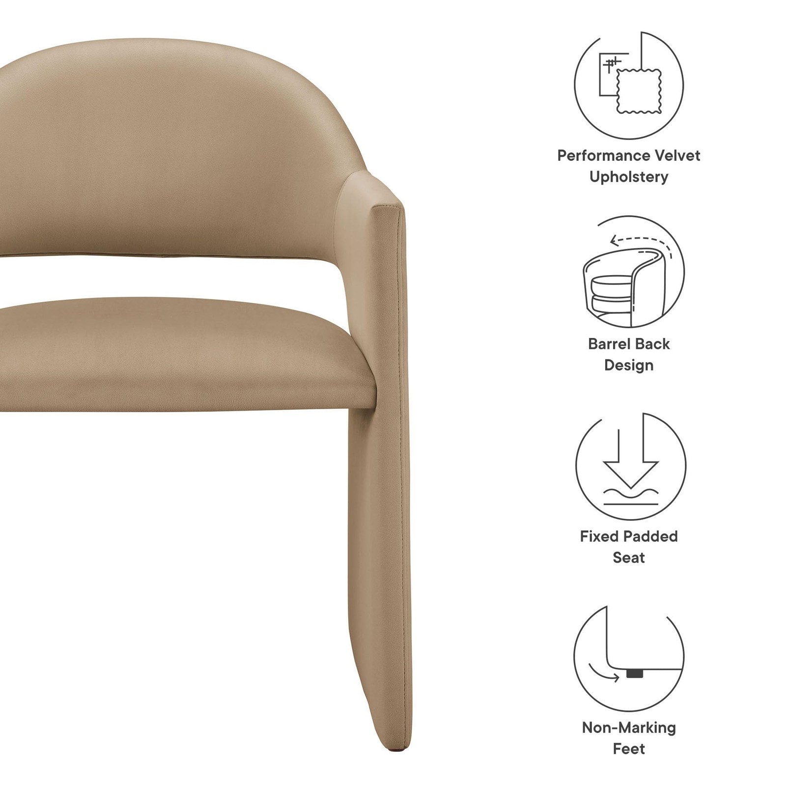 Modway Talia Performance Velvet Dining Armchair Curved Barrel Chair TAUPE