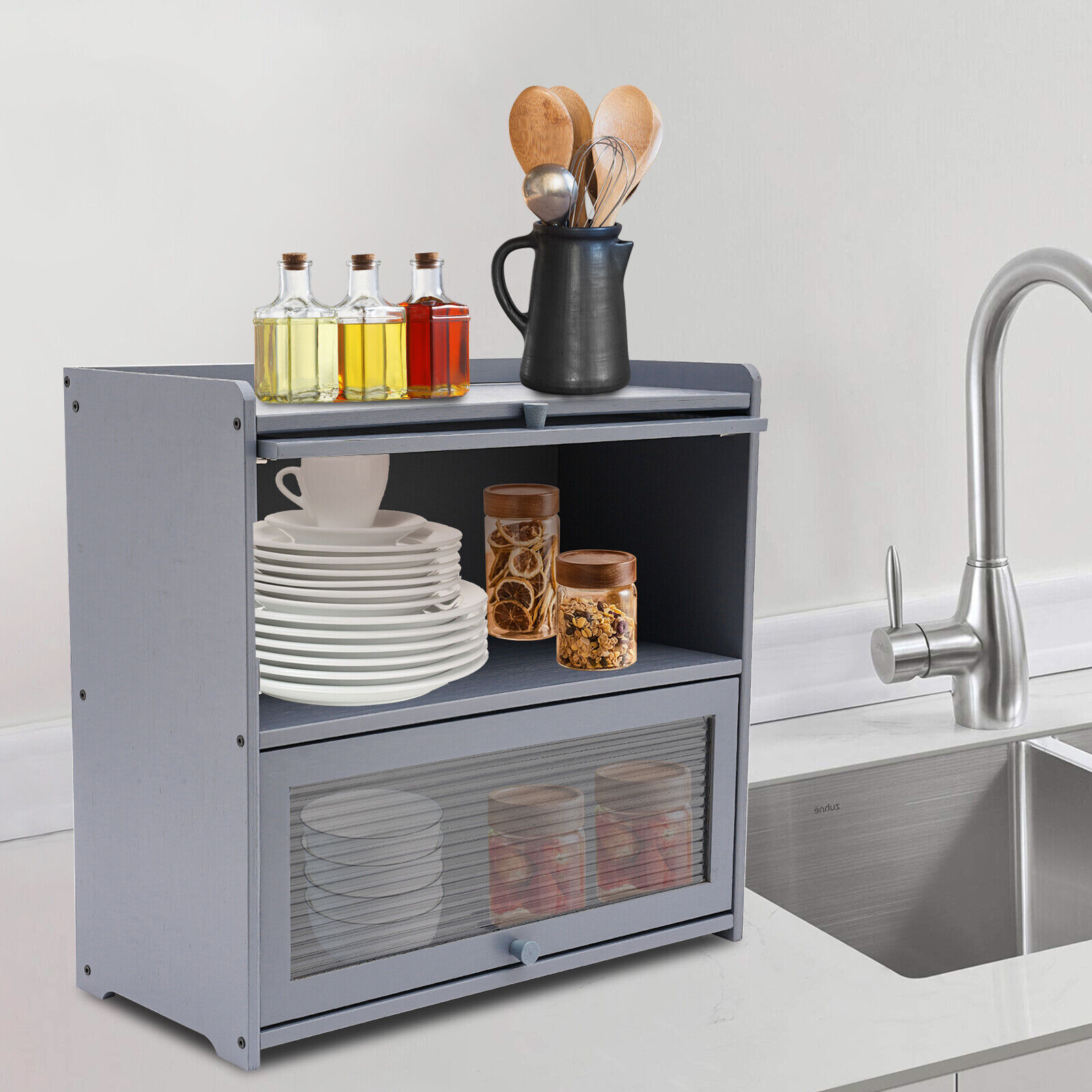 Bamboo 2-Tier Storage Cabinet With Acrylic Doors Gray 20.5 ?? 9.8 ?? 19.7 In