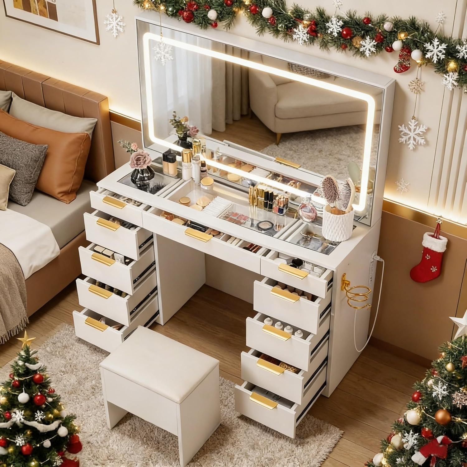 Glass Top Makeup Vanity With LED Lighted Mirror 11 Drawers Vanity Desk Stool
