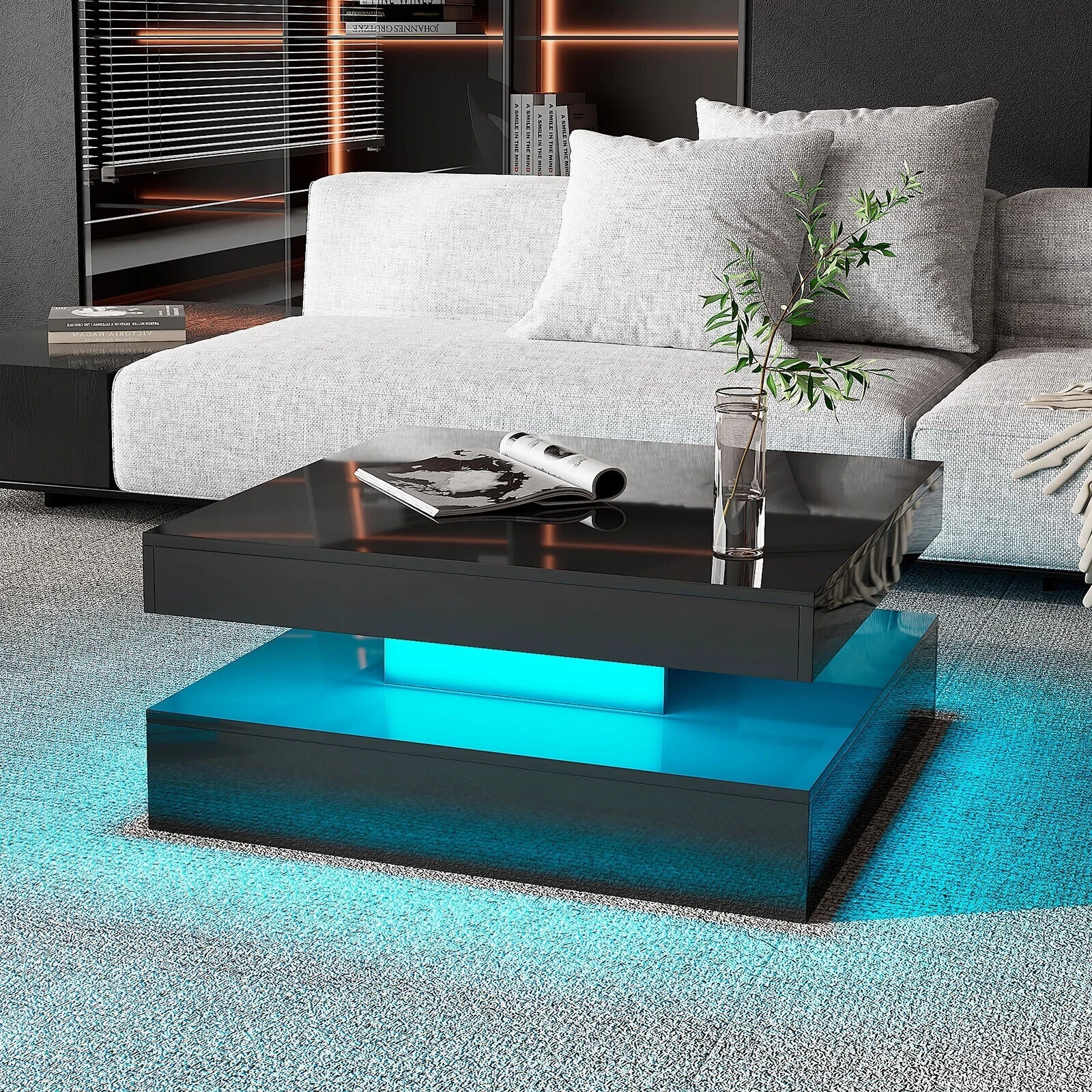 Square Coffee Table with LED Lights High Gloss Center Cocktail Table 2-Tier Whit