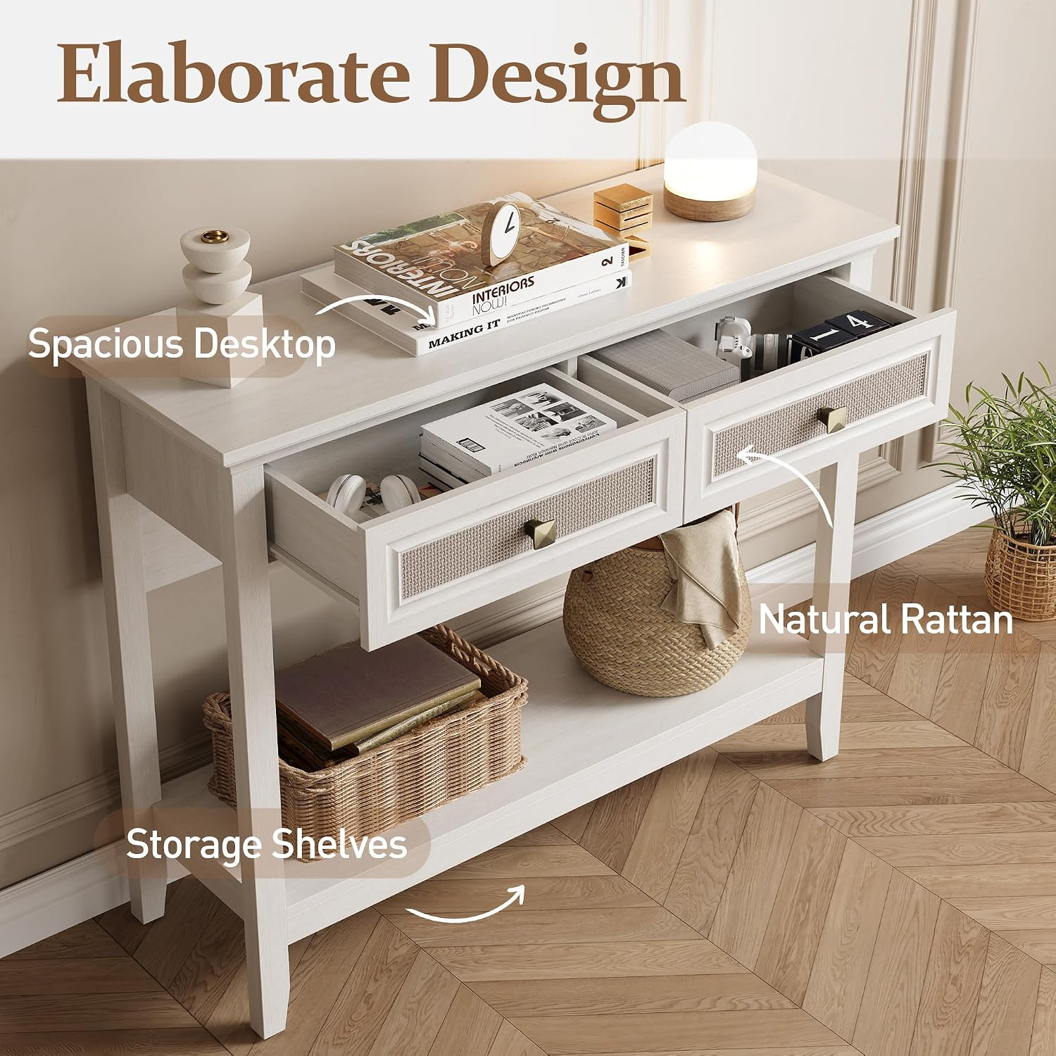 39″ Boho Console Table with Drawers & Shelf, Grayish White Entryway Storage