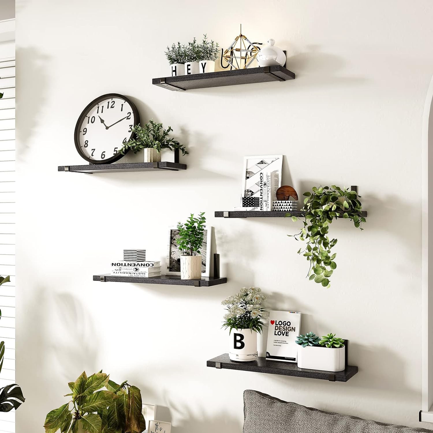 Fixwal Floating Shelves Set of 5, Width 4.7 Inches Black Wall Shelves,
