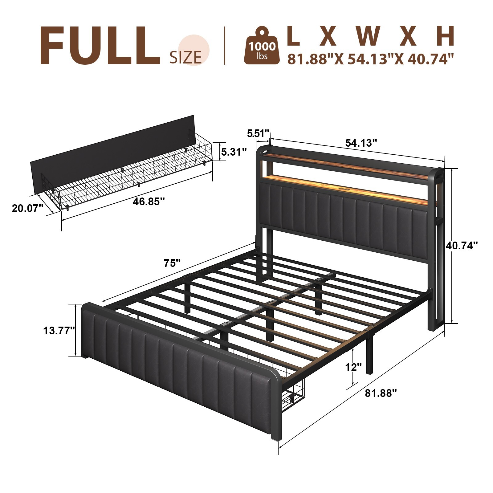 Full Queen Size Bed Frame with 2-Tier Storage Headboard and Storage Drawers