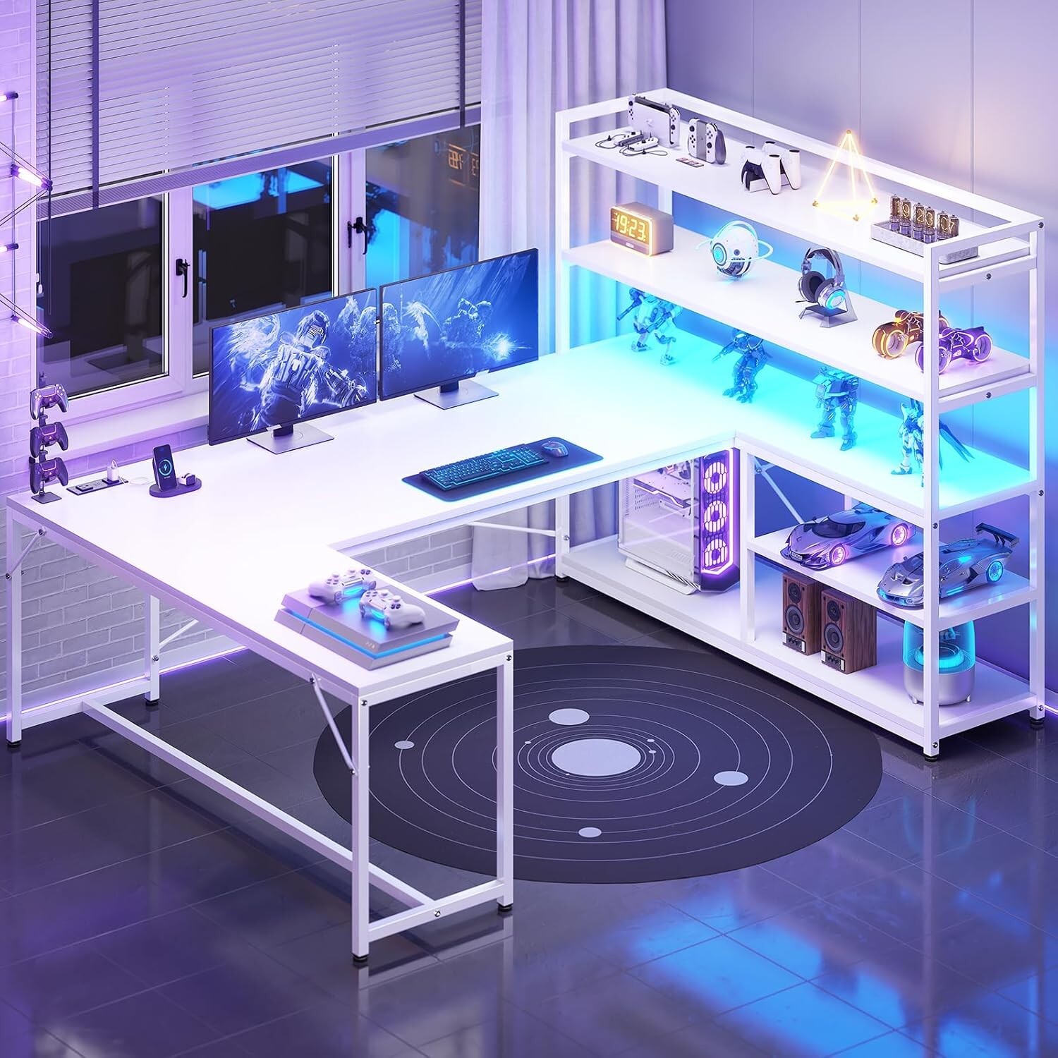 L Shaped Computer Desk, 63″ Reversible Office Desk w/Storage Shelves &LED Lights