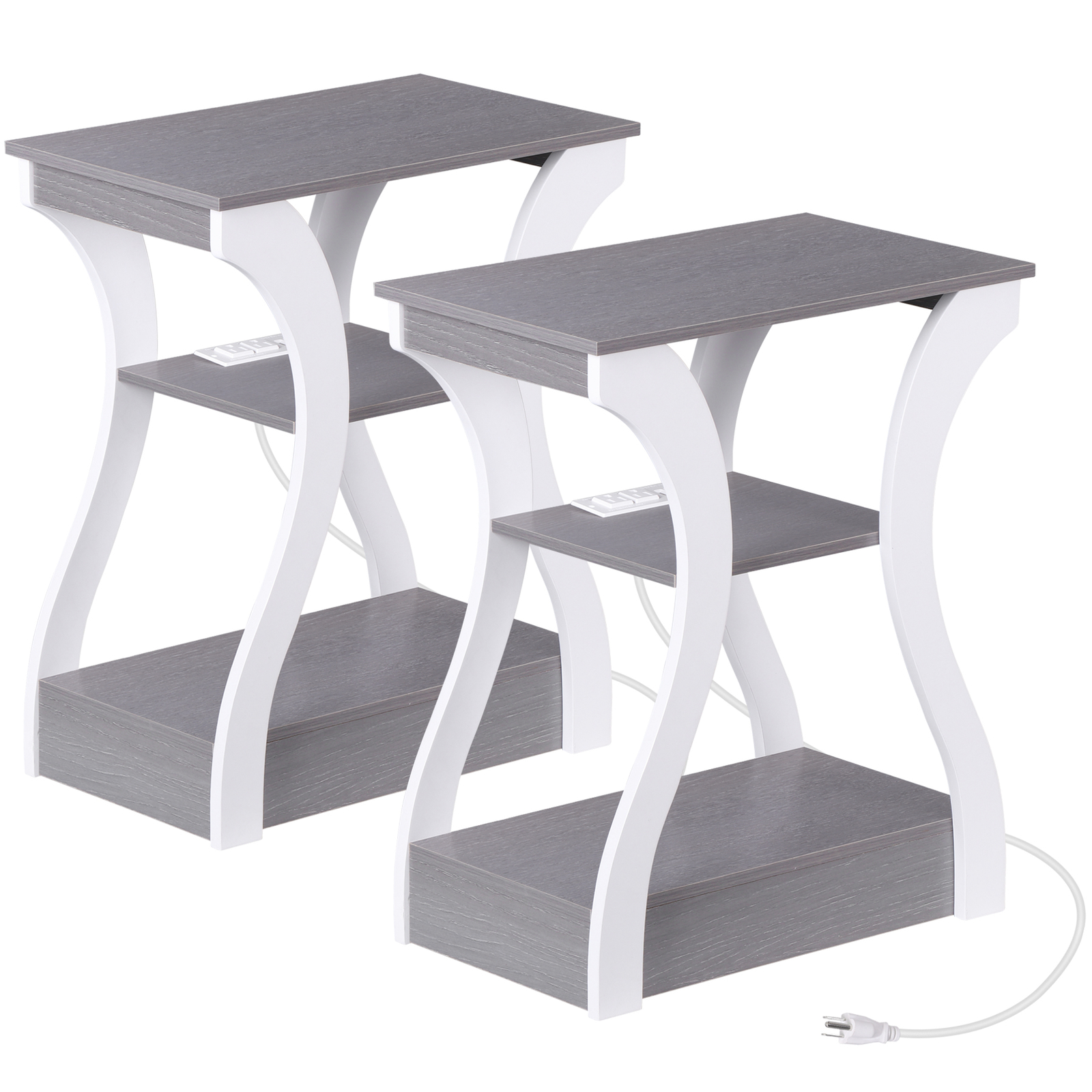 Set of 2 End Tables 3 Tier Nightstand for Bedroom w/Charging Station Grey+White