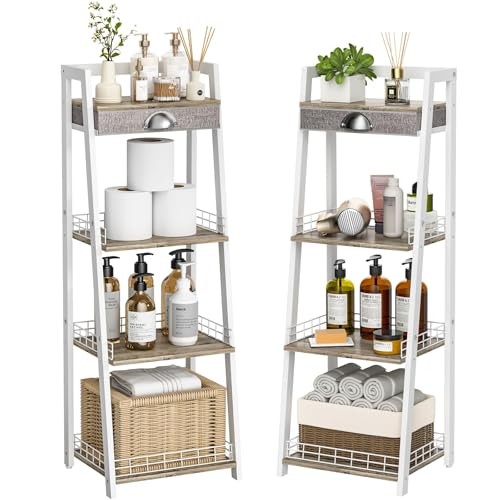 4-Tier Elegant Ladder Shelf, Bathroom Storage 4-Tier Regular with Drawer White