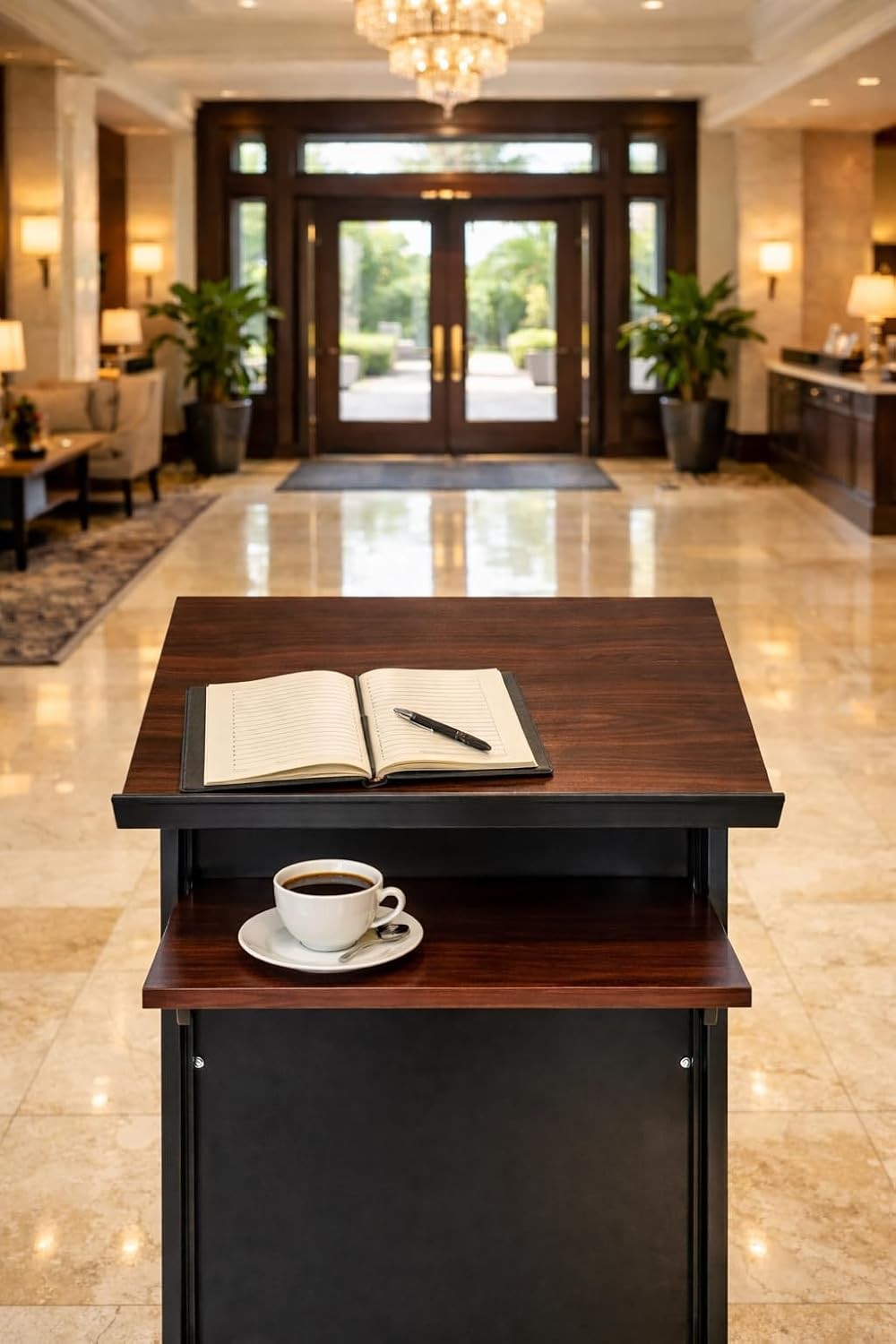 Wheeled Lectern Podium Standing Desk W/ Storage Shelf Cherry/Black Ideal