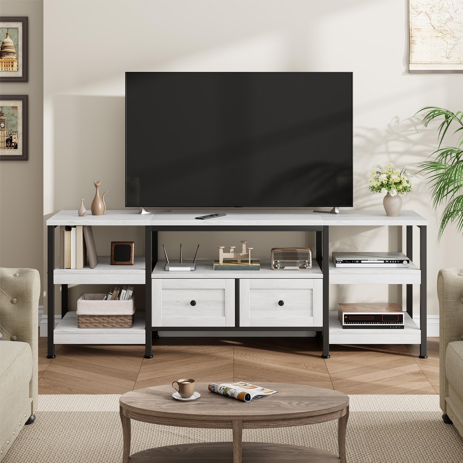 Industrial TV Stand with 2 Drawers, 79″ Entertainment Center for TVs Up to 85 in