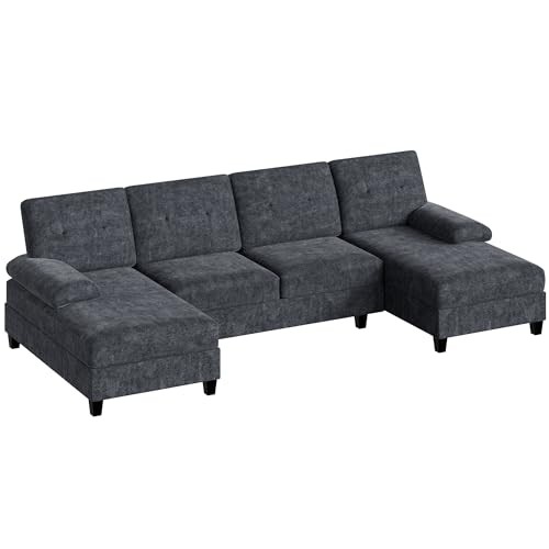 U-Shaped Sectional Sofa with Double Chaise,Linen Fabric 4-Seat Charcoal Grey