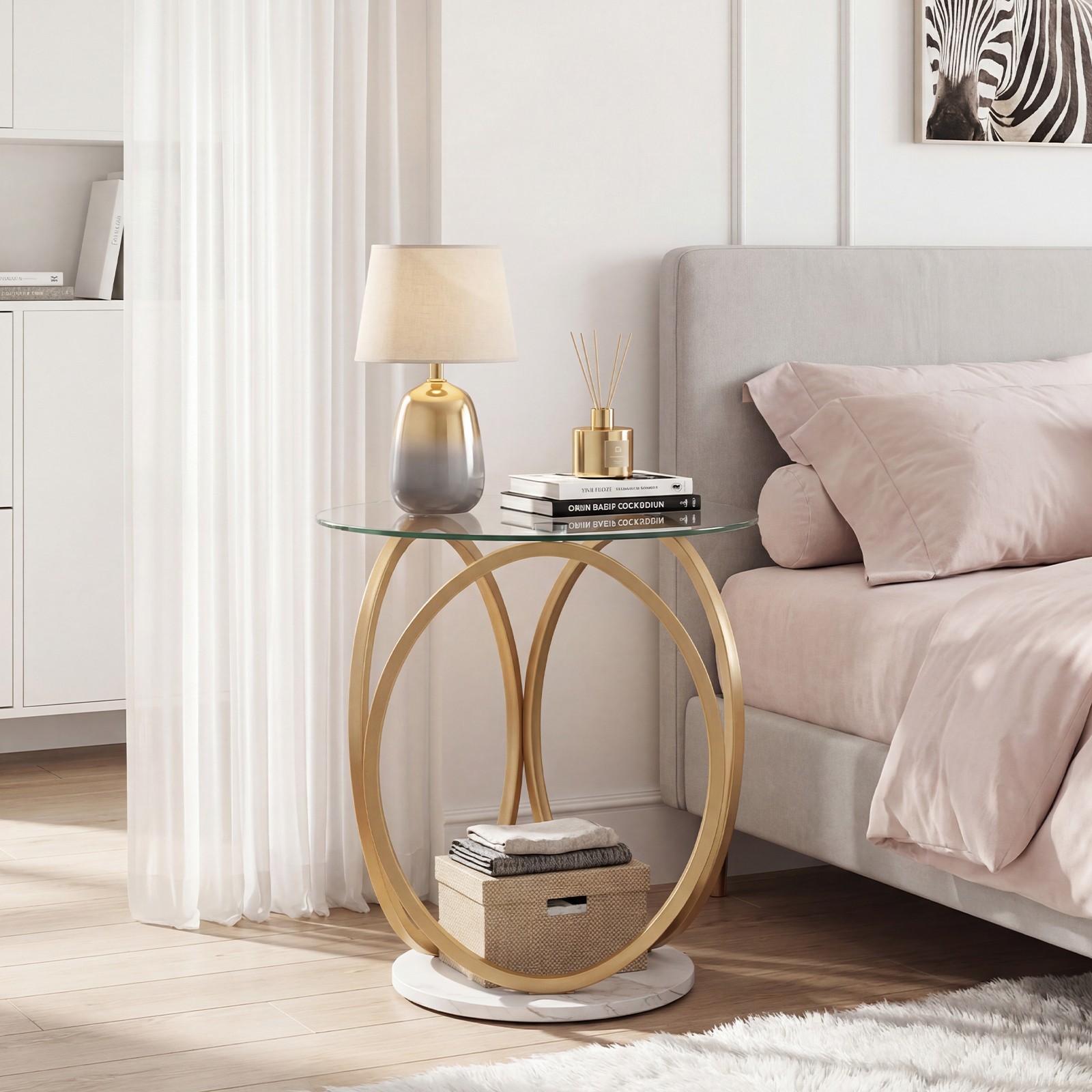 Round End Table Faux Marble Side Table w/Tempered Glass Tabletop & Metal Frame