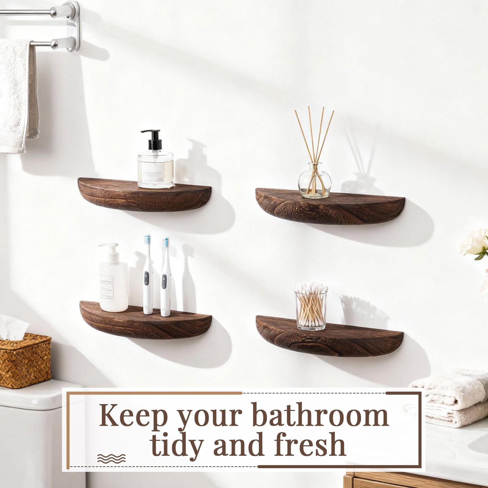 4 PCS Dark Brown Solid Wood Half Round Floating Shelves 8.27 Inch Wall Mount