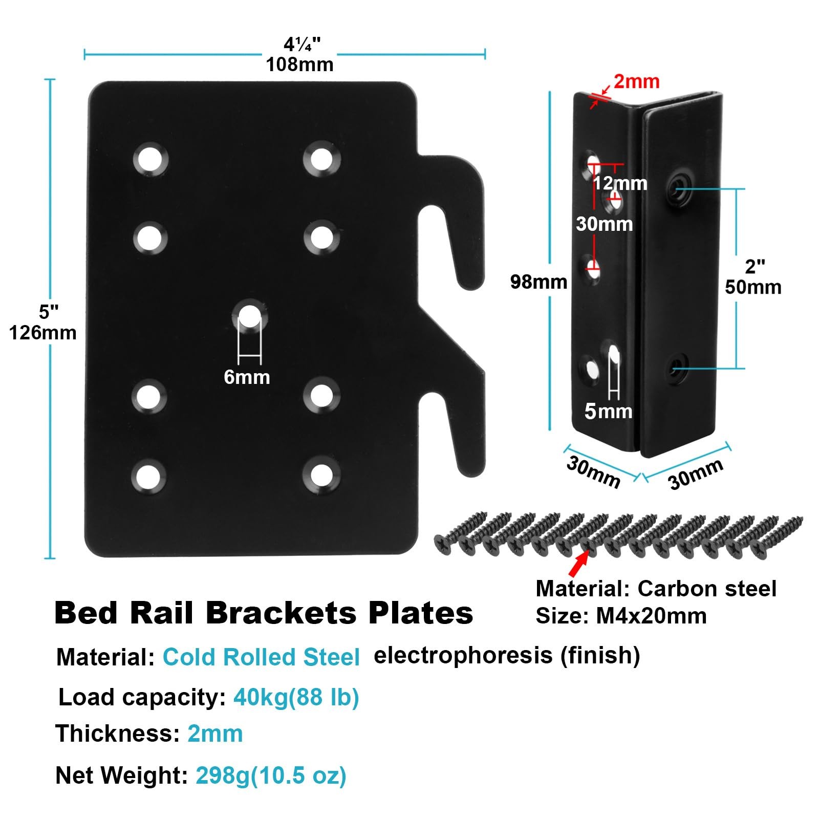 4 Set Bed Rail Hook Bracket Plates, 5 x 4-1/4 Plate, 2mm Thick, Double Hook