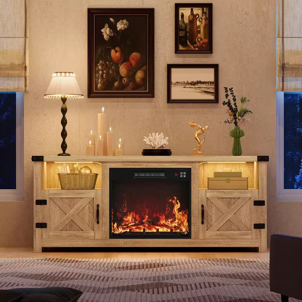 58 In. Beige TV Stand with Fireplace Fits Tvs up to 65In. LED Entertainment Cent