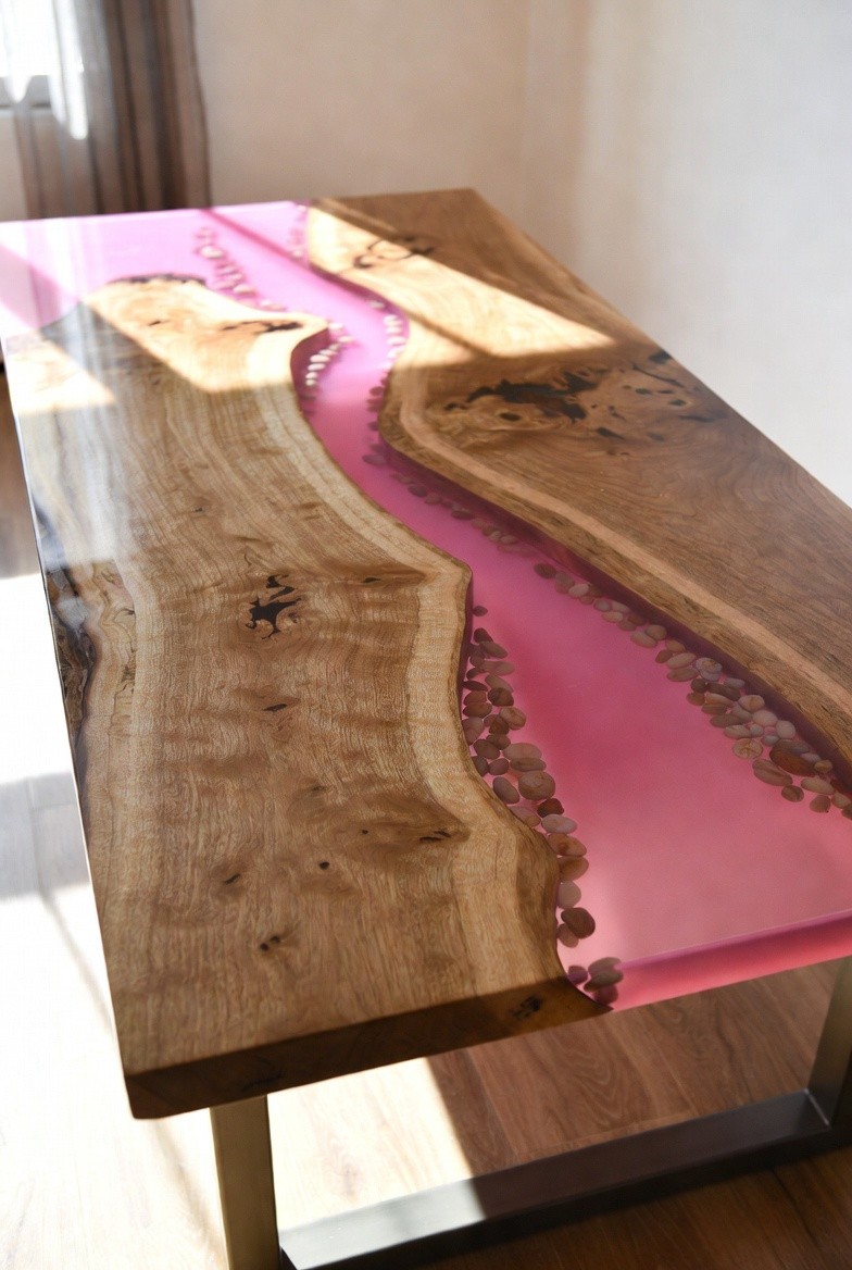 Pink Resin River Live Edge Table with Pebbles – Handmade Epoxy Wood Coffee Table