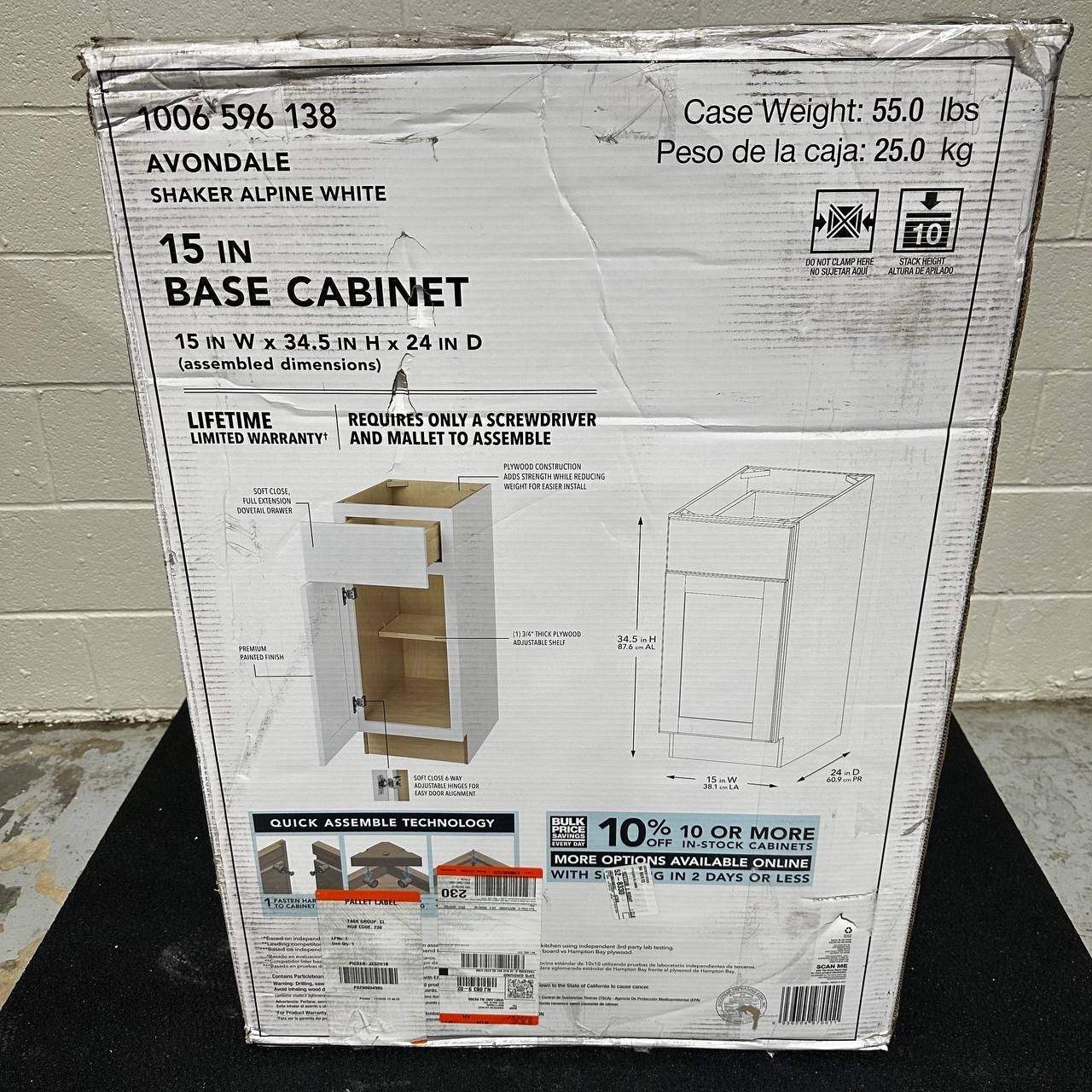 Hampton Bay Avondale 15″ Base Cabinet – Alpine White (RTA Plywood Shaker)