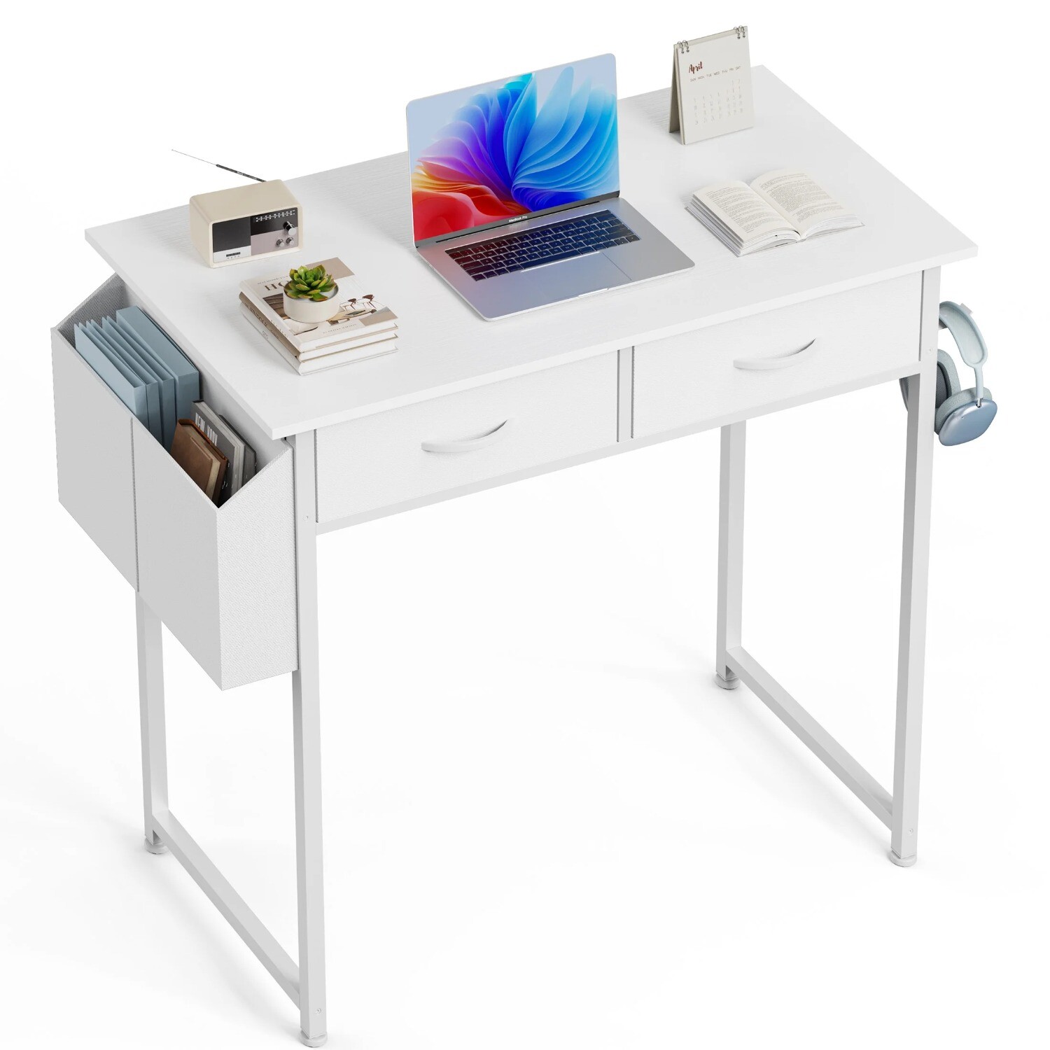 32 inch Home Office Small Computer Desk Writing PC Table with 2 Fabric Drawers