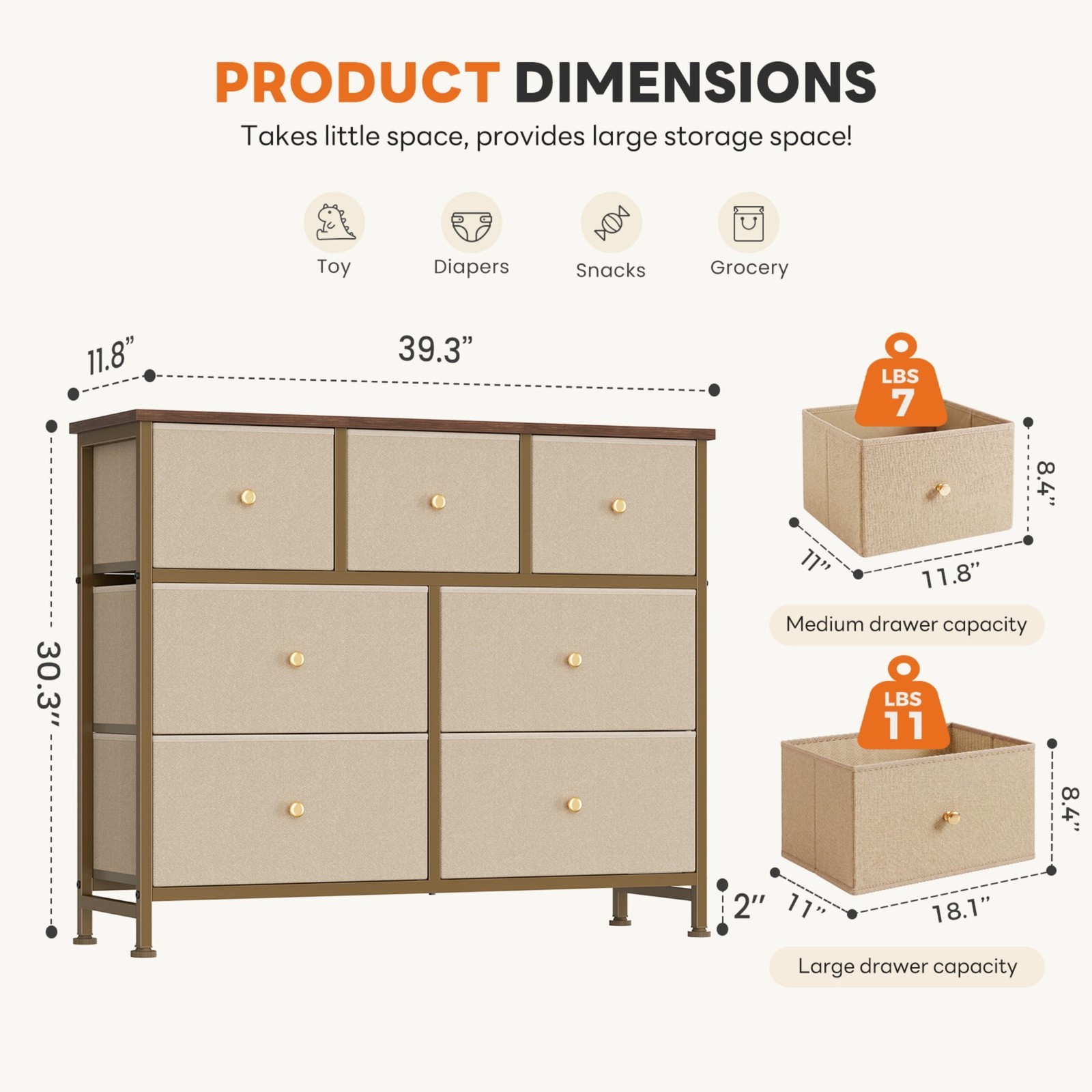 Khaki 7 Fabric Drawers Dresser for Bedroom Livingroom Storage Organizer Tower