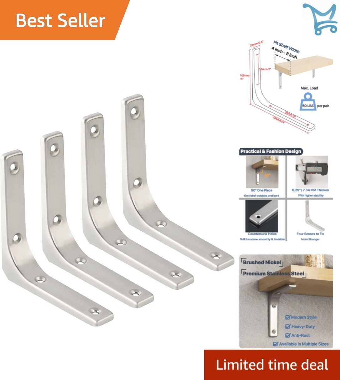 Heavy Duty Stainless Steel Wall Shelf Brackets 4×4 Inch Supports for Wood