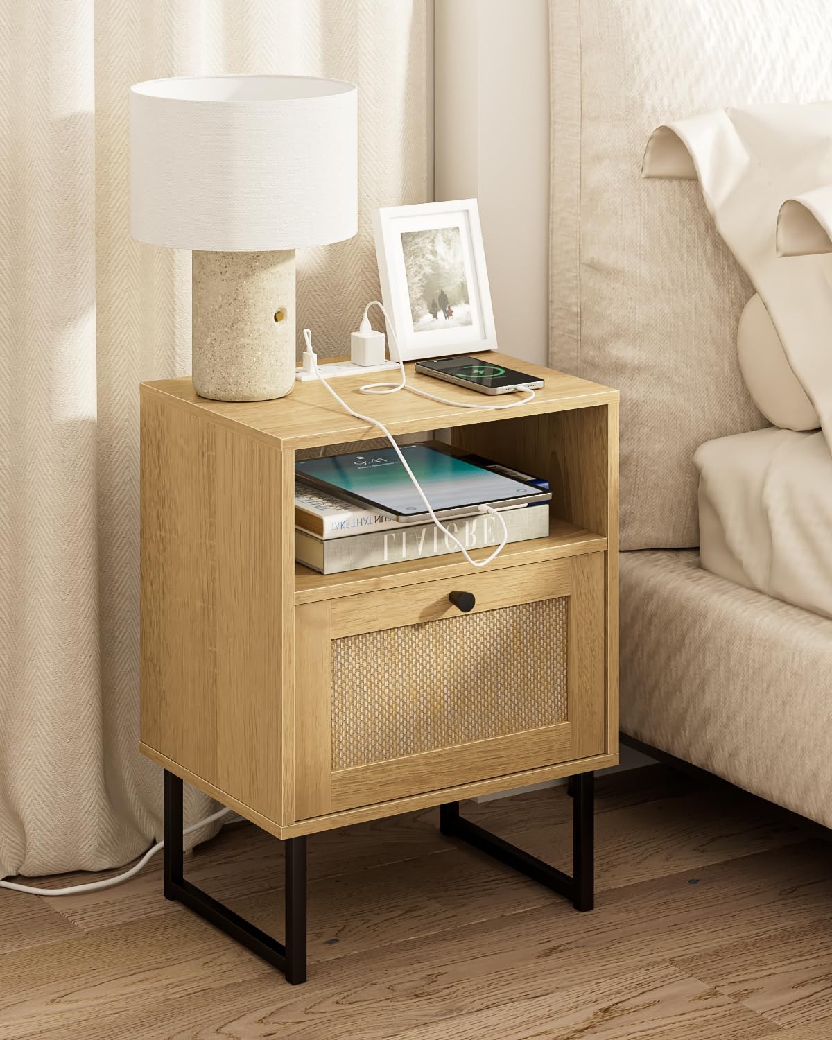 Masupu Rattan Nightstand Natural With Charging Station