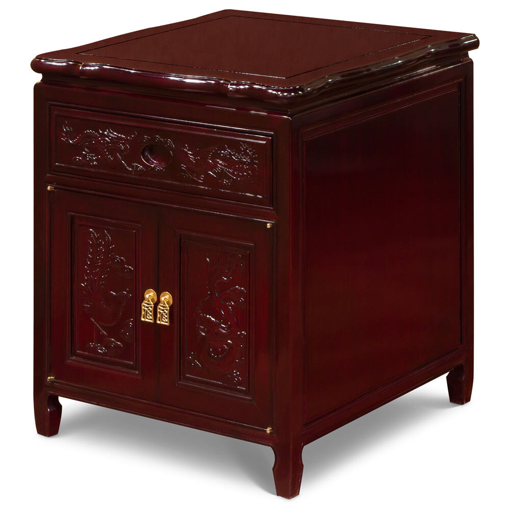 US Seller – Dark Cherry Rosewood Dragon and Phoenix Oriental Nightstand