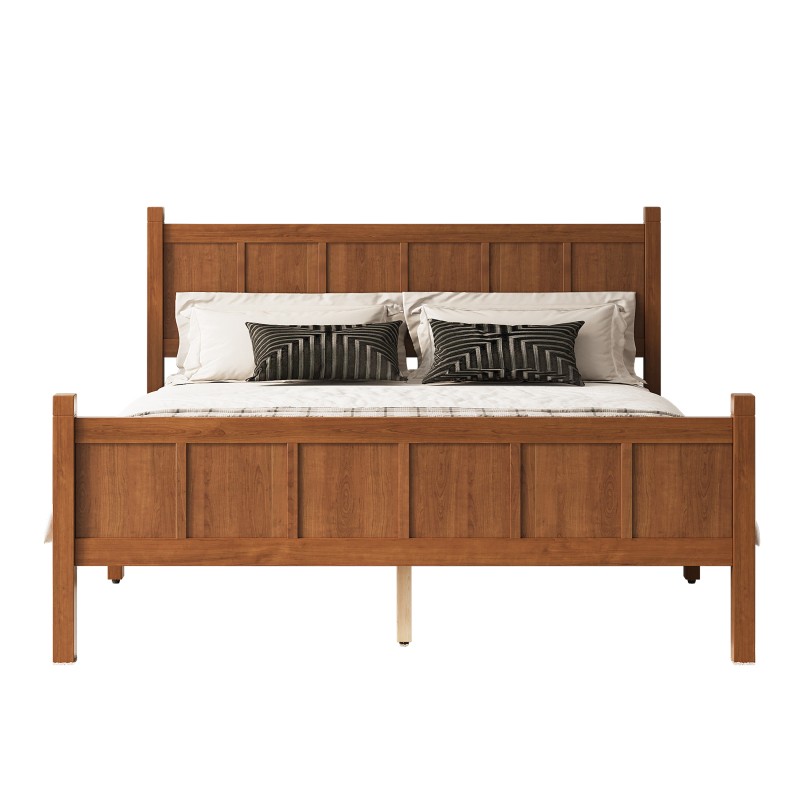 Queen Size Flat Panel Bed with Headboard Farmhouse Platform Bed Frame Walnut