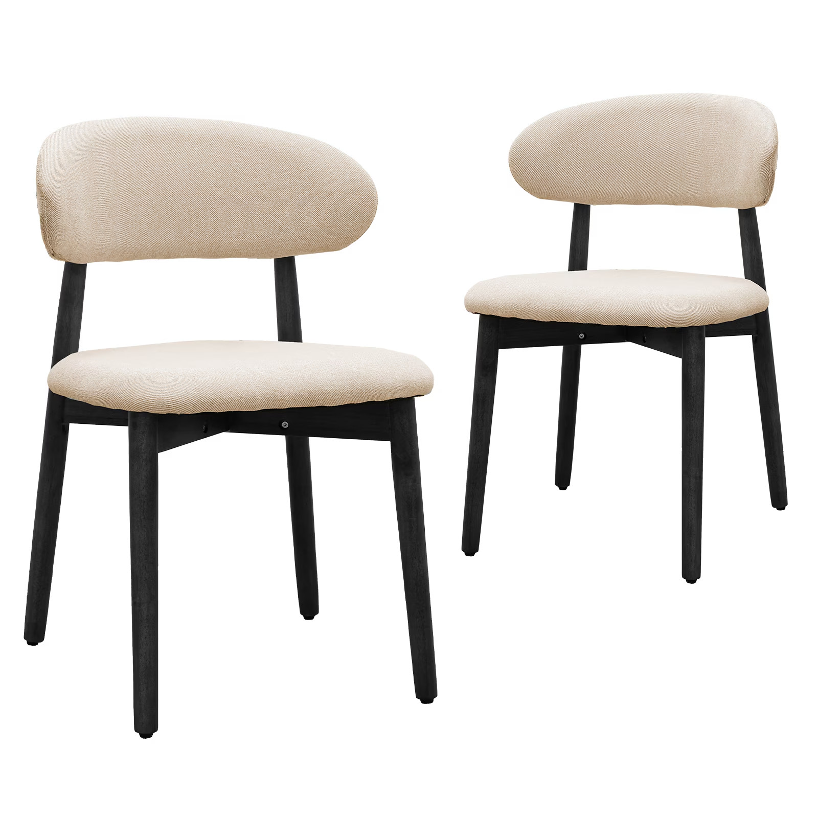 Beige Cotton-Linen Upholstered Dining Chair Set of 2, Solid Wood Legs