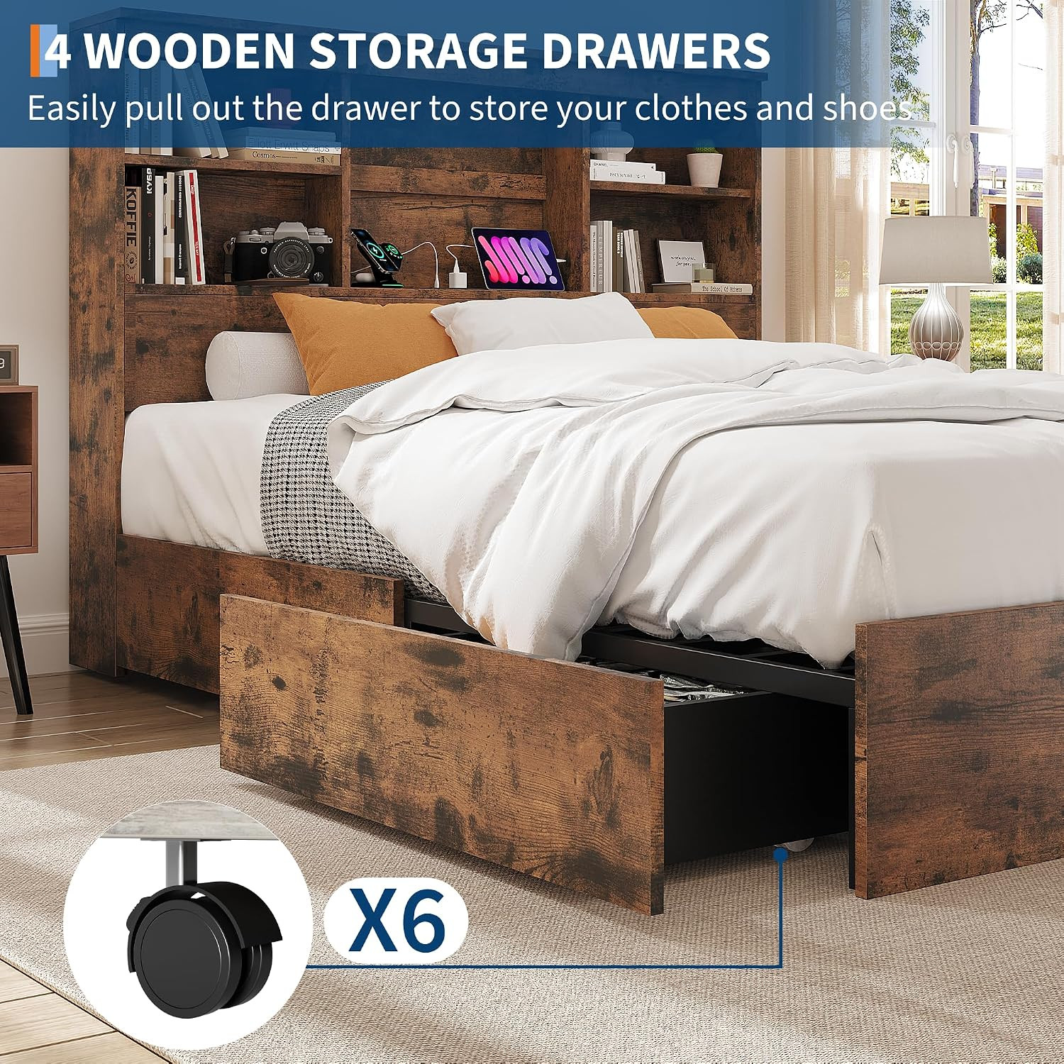 Queen Size Bed Frame with High Storage Bookcase Headboard,Brown | Wood Bed Frame