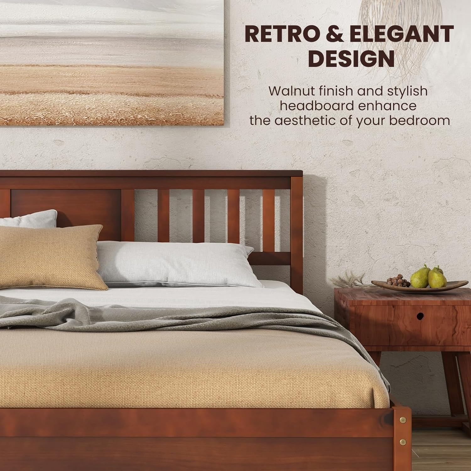 Mid Century Queen Solid Wood Bed Frame with Headboard – Easy Assembly, Walnut