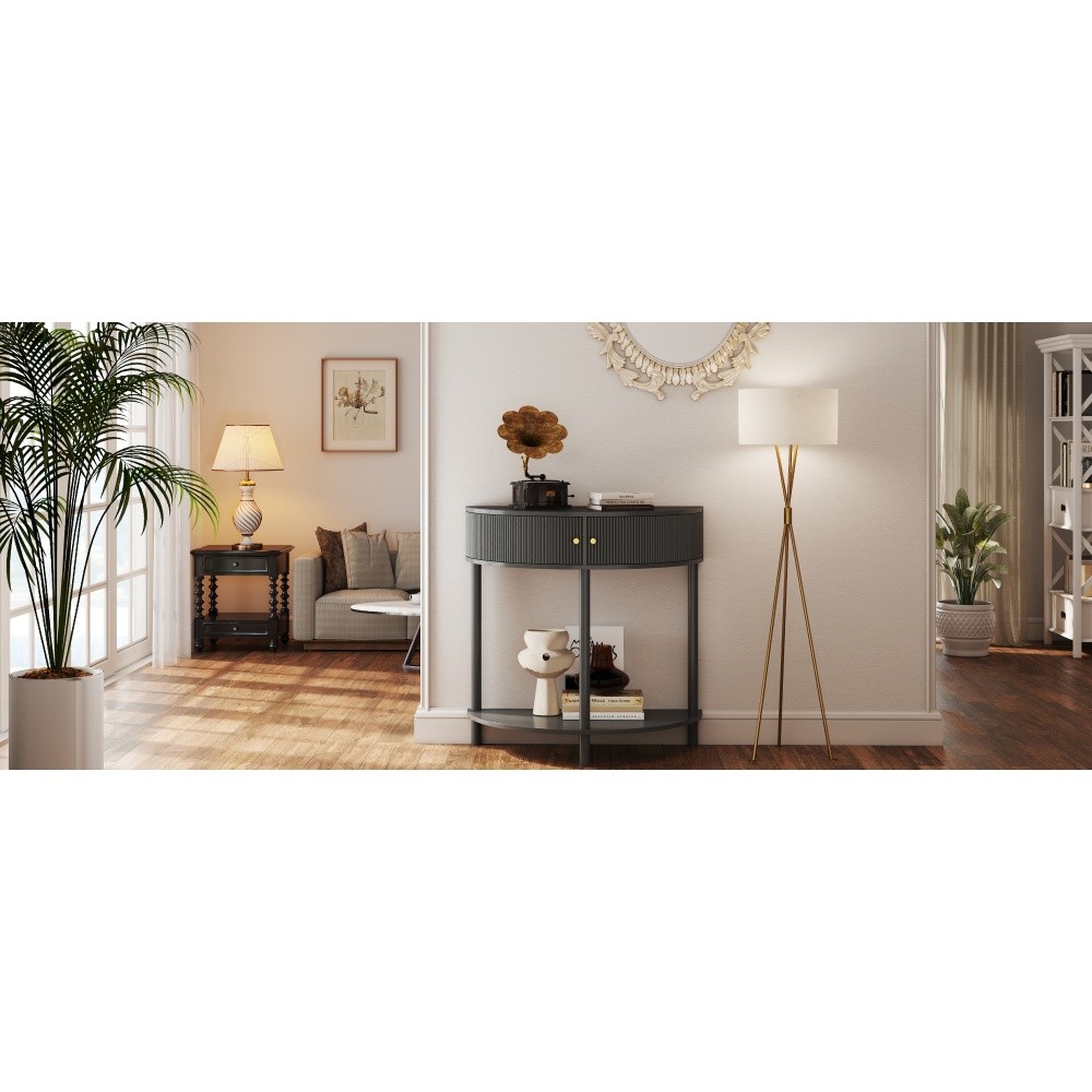 Wave-Pattern Demi-Lune Console Table, Dark Gray, 2 Drawers & Shelf
