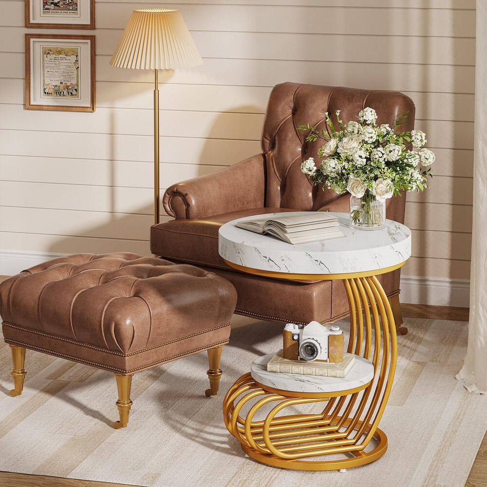 19.7 In. White round Wood and Metal C-Shape End Table, 2-Tier Modern Side Table